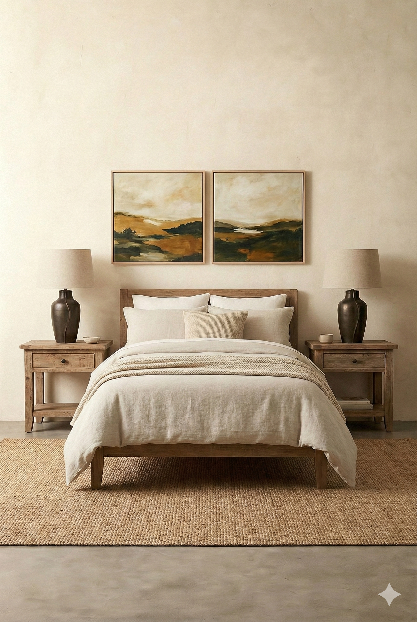 A bedroom with a wooden bed frame, white linens, and pillows, flanked by two matching wooden nightstands with lamps, abstract landscape art above the bed, and a woven rug on light-colored flooring.