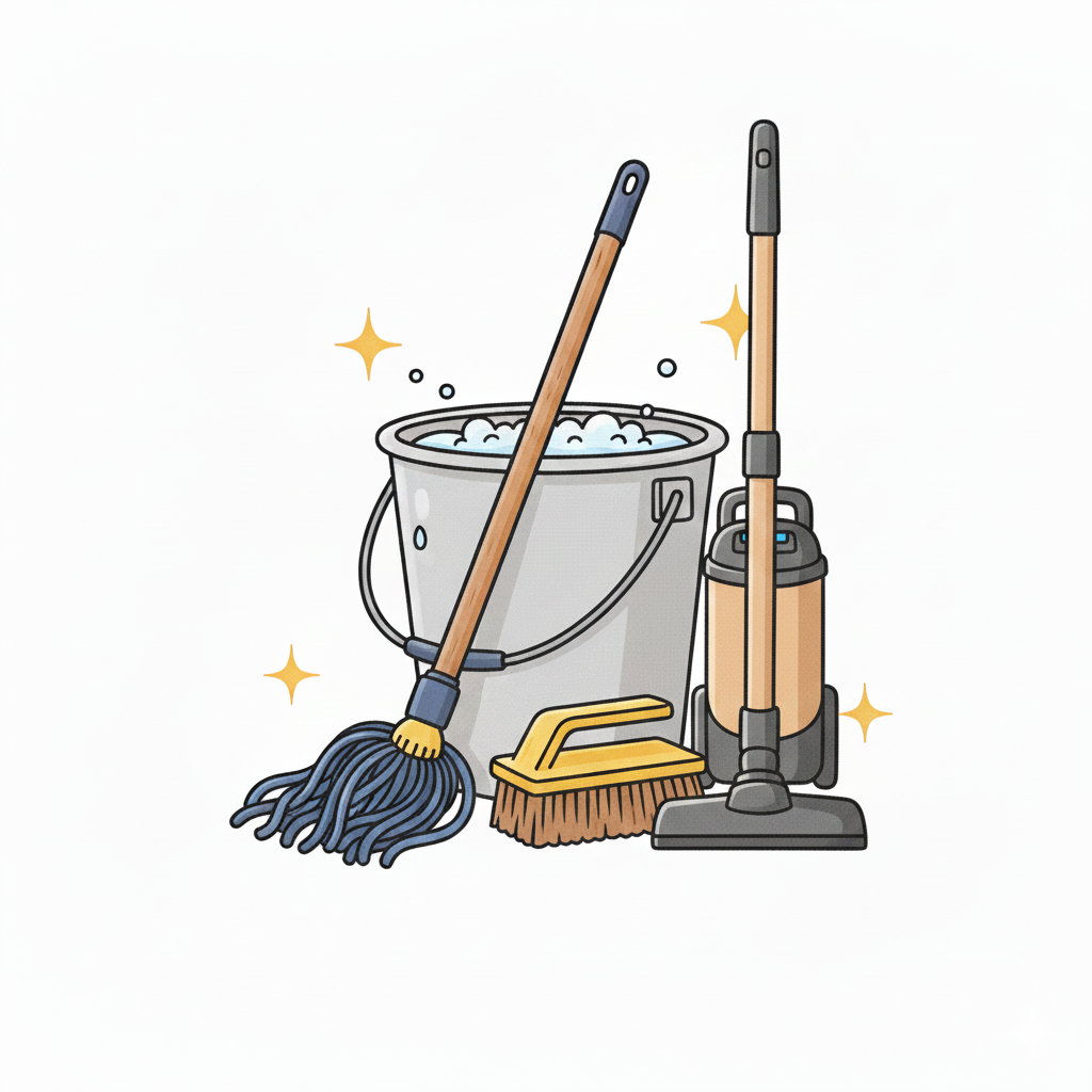 Cleaning supplies including a bucket with soapy water, a mop, a broom, a scrub brush, and a vacuum cleaner, all appearing clean and sparkling.