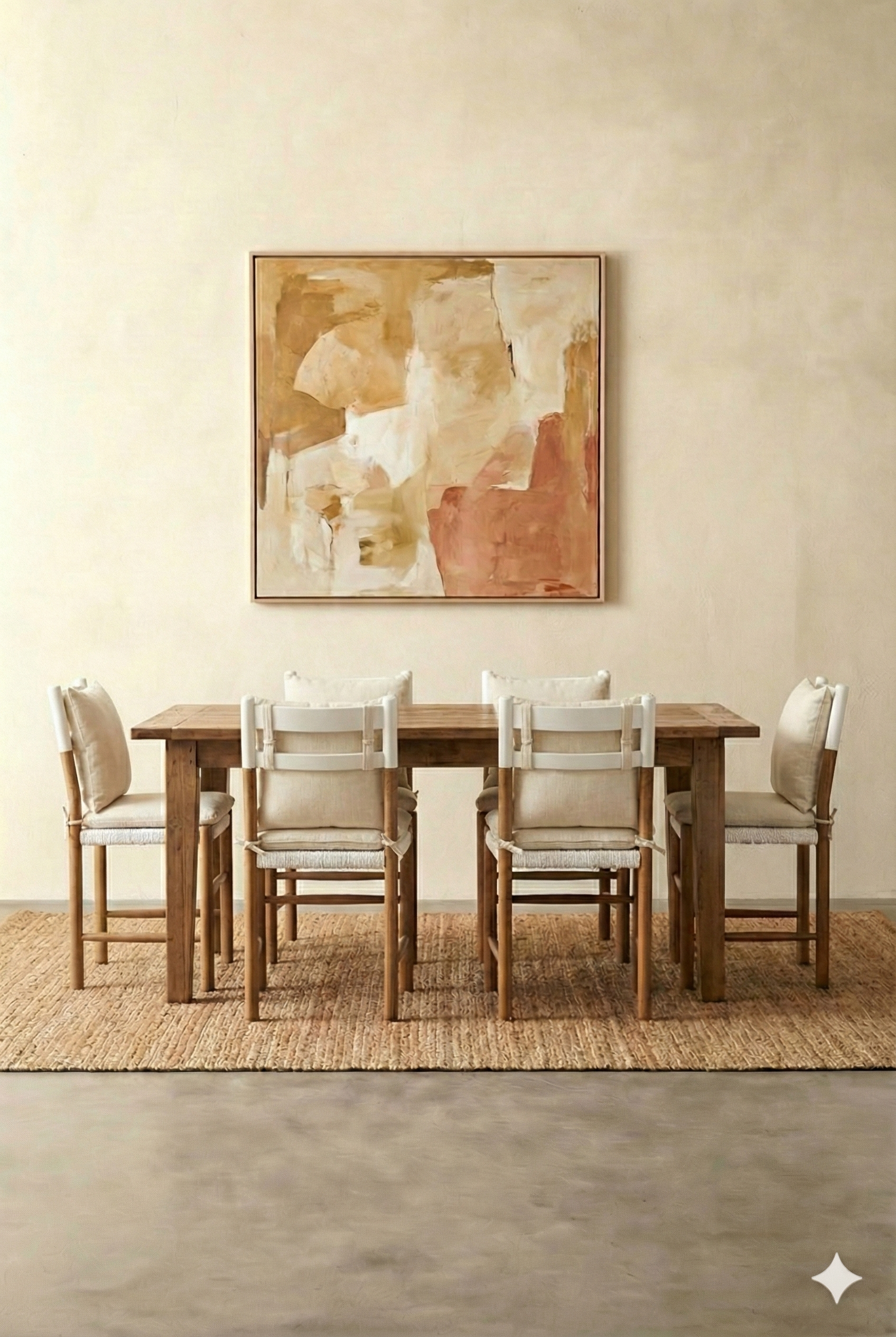 A wooden dining table with six matching chairs with cream cushions, set on a woven rug, with a large abstract painting on a cream wall behind it.