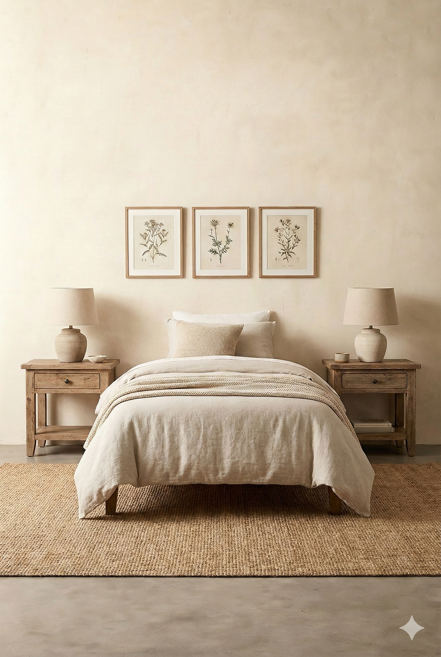 A neatly made bed with beige linens and pillows, flanked by wooden nightstands with lamps, against a cream-colored wall decorated with three framed botanical prints, and placed on a woven rug on a concrete floor.