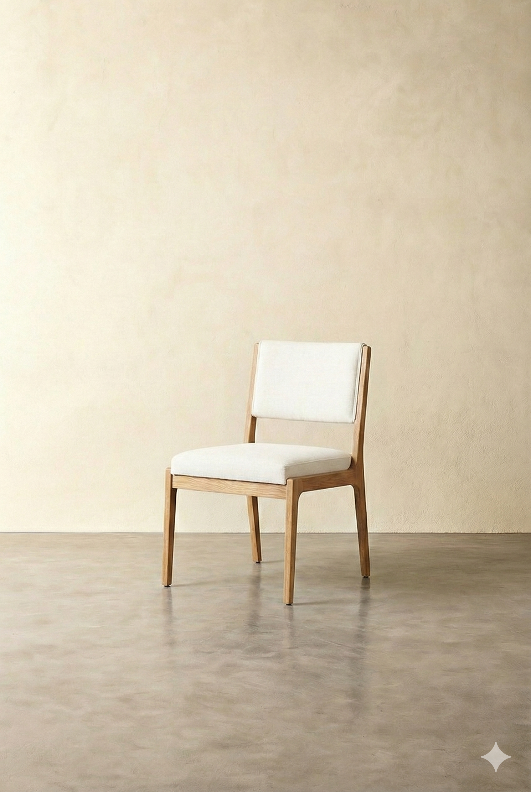 A wooden chair with white cushions placed against a beige wall on a smooth floor.