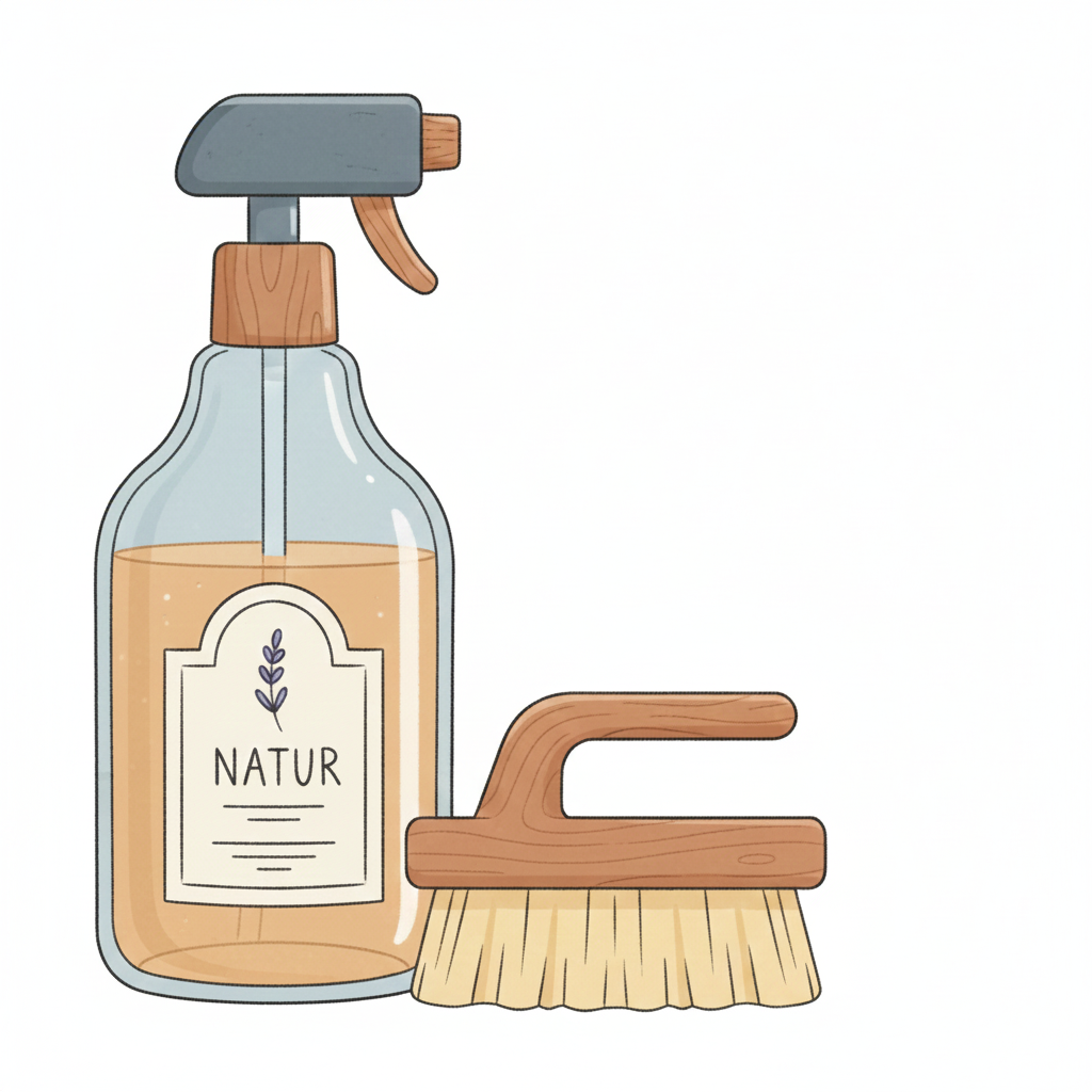 Illustration of a spray bottle labeled 'NATUR' and a cleaning brush with a wooden handle.