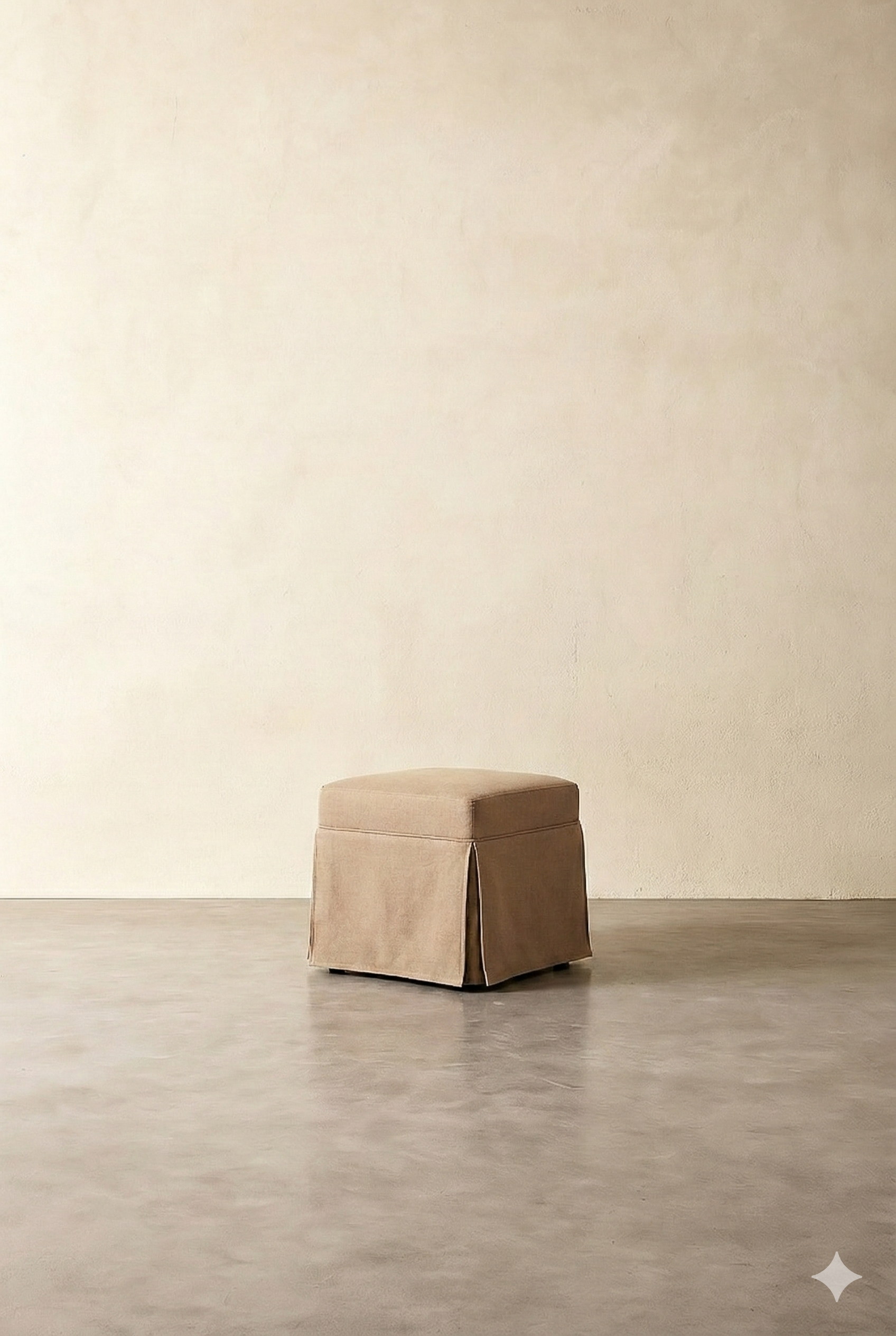 A beige upholstered ottoman with a skirted base is placed against a plain, light-colored wall in a minimalistic room.