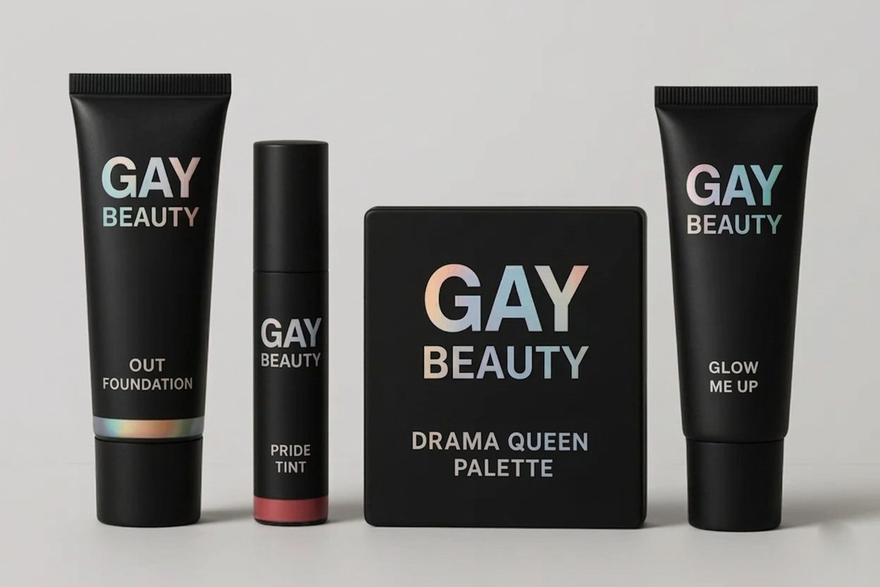 A set of LGBTQ+ pride-themed makeup products, including foundation, lipstick, a palette, and a glow product, all branded with 'GAY BEAUTY' on black packaging, displayed on a white background.