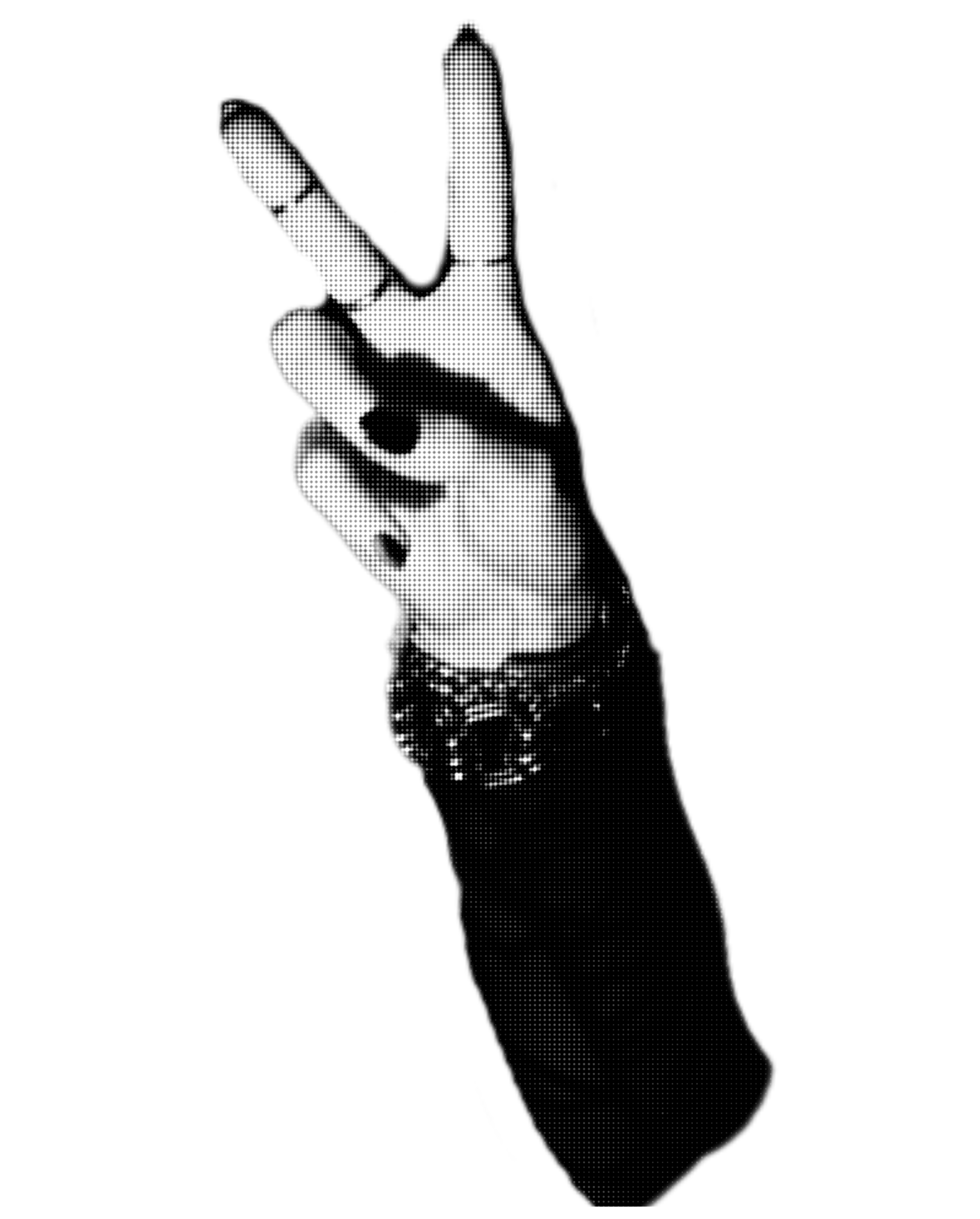 A hand making the peace sign with the index and middle fingers raised, photographed in black and white with a pixelated art style.