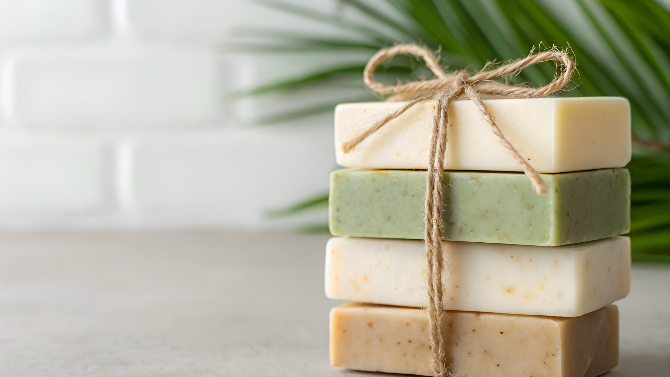 Stack of five handmade soaps tied with twine, with green palm leaves in the background.