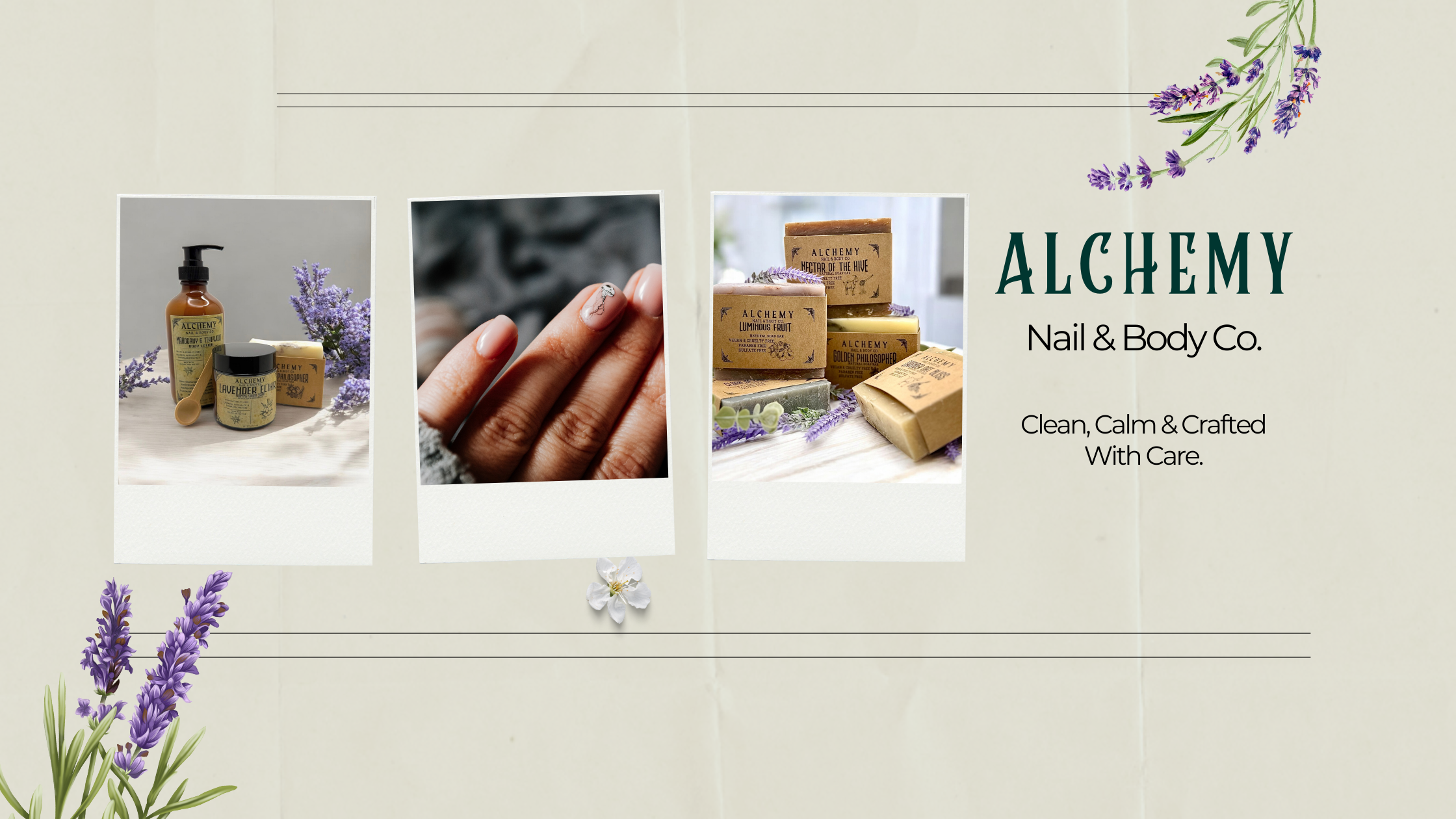 A promotional display for ALchemy Nail & Body Co. featuring three photos of skincare and soap products with lavender accents, a hand with manicured nails, and purple lavender and white flowers on a light background.