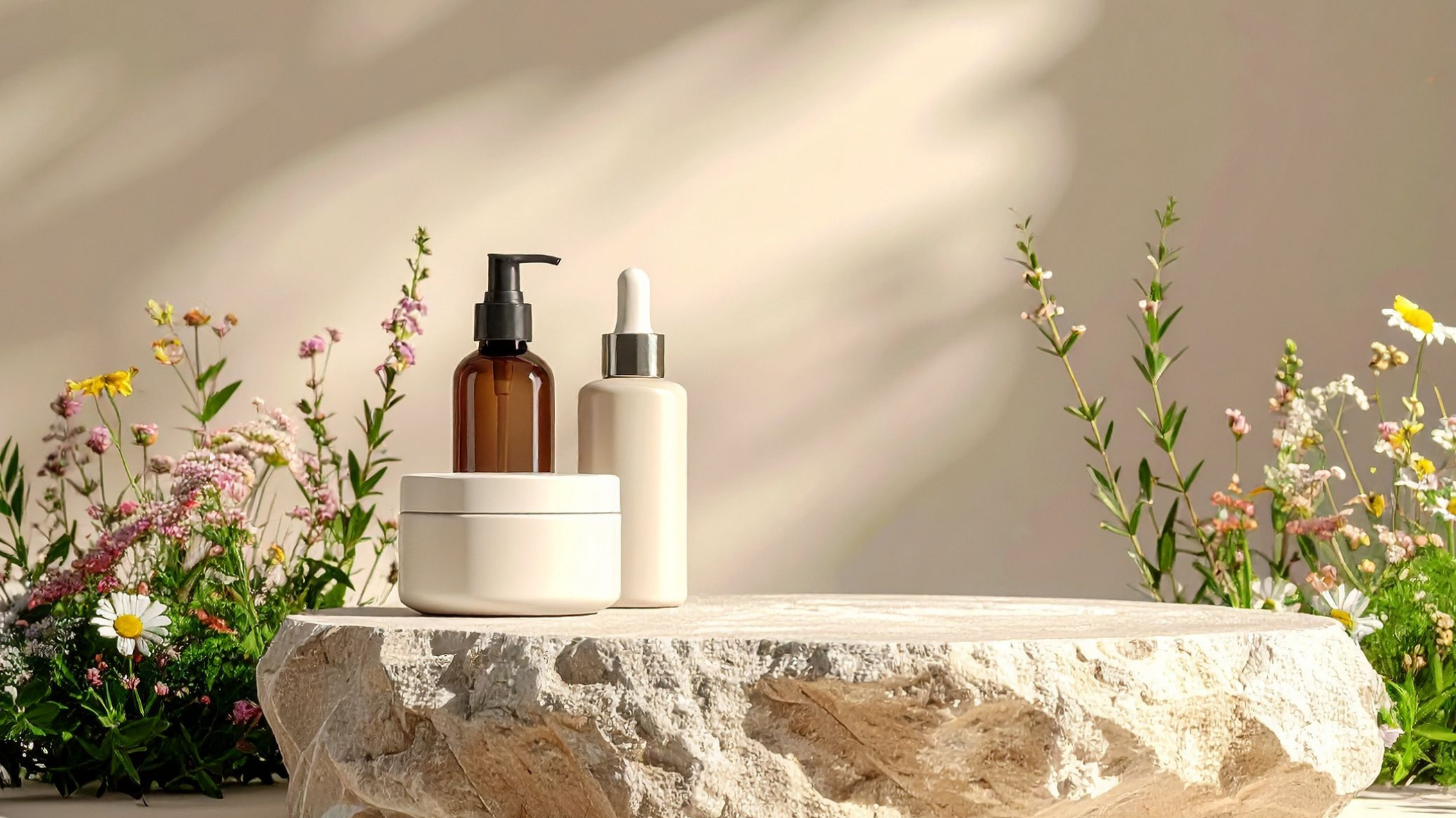 Skincare products on a white textured stone slab surrounded by pink, yellow, and white flowers with a beige background.