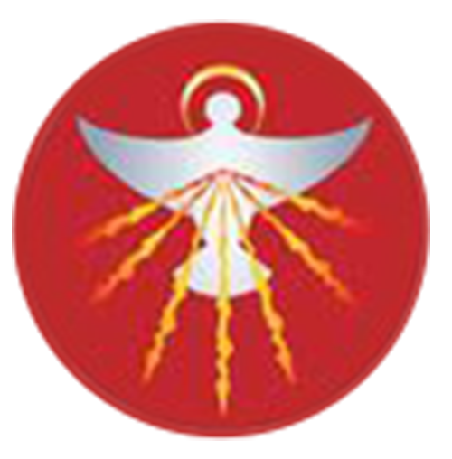 A stylized angel with outstretched wings and a halo, surrounded by orange lightning bolts on a red background.