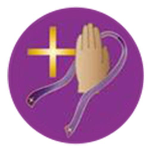 A yellow cross, a praying hand, and a stethoscope on a purple background.