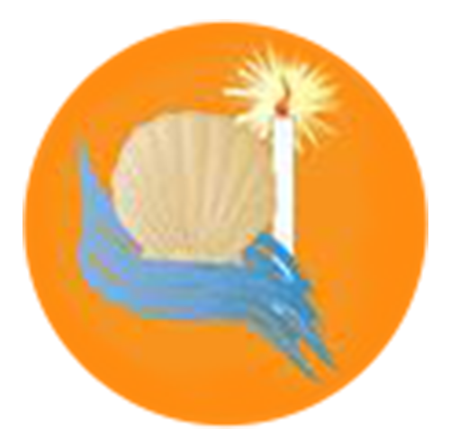 A blue hand holding a lit candle with a bright flame, with a large prayer cloth behind it, on an orange background.