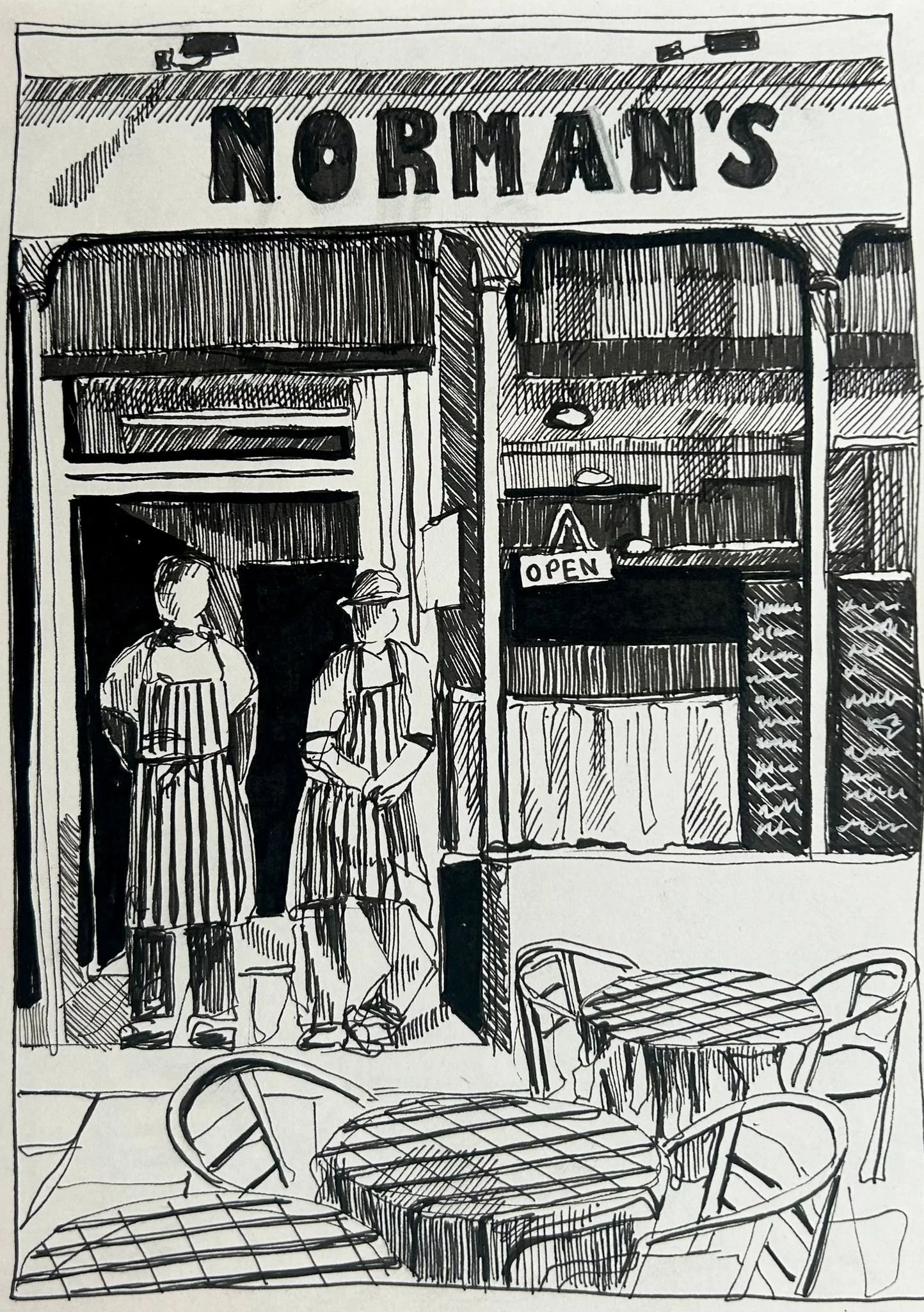 fine line pen illustration, Norman's resturant, London. Black and white pen illustration. A sketchbook illustration.