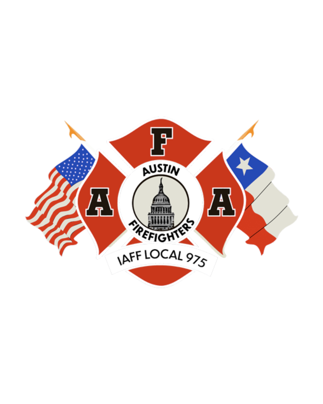 Austin Firefighters emblem featuring a red Maltese cross with flags of the United States and Texas, the Texas flag and American flag, and a central badge with the Capitol building, along with the text "Austin Firefighters" and "IAFF Local 975."
