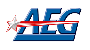 Logo of AEG with a red, white, and blue star and swoosh design.