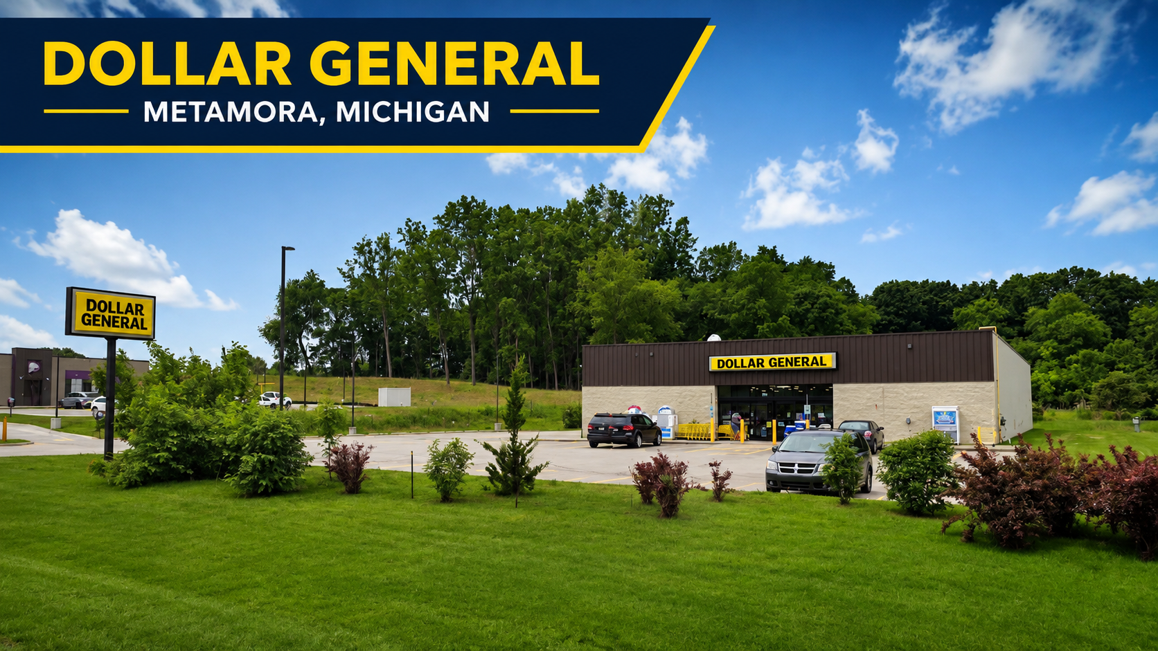 Exterior of a Dollar General store in Metamora, Michigan, with parking lot, cars, surrounding greenery, and a bright blue sky with clouds.