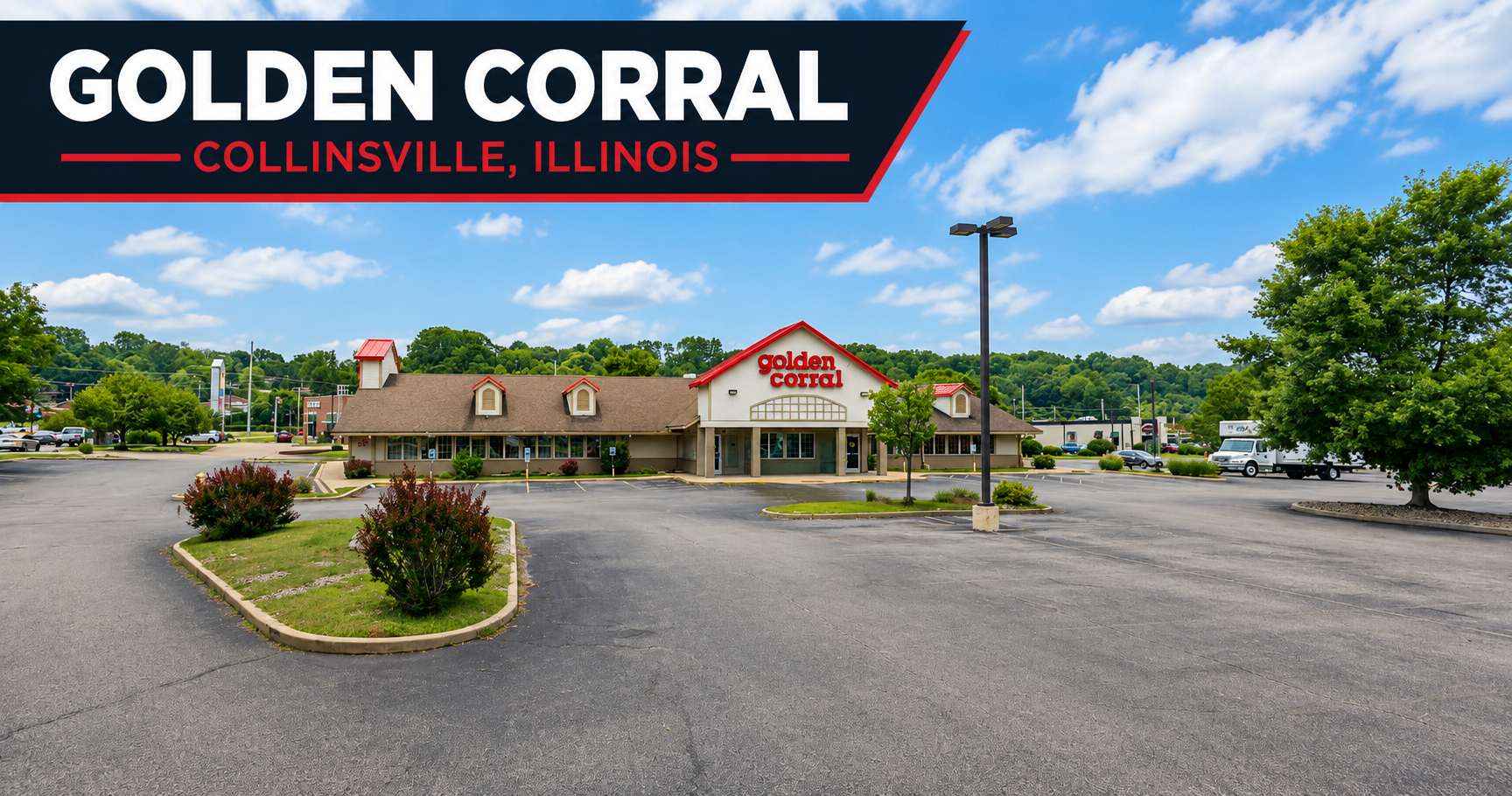 A large building with a sign reading 'Golden Corral' in red letters, located in Collinville, Illinois. The building has a brown roof with red accents, and there are a few small trees and bushes in front. The parking lot is mostly empty, with some cars parked along the edges. The sky is partly cloudy with a bright blue background.