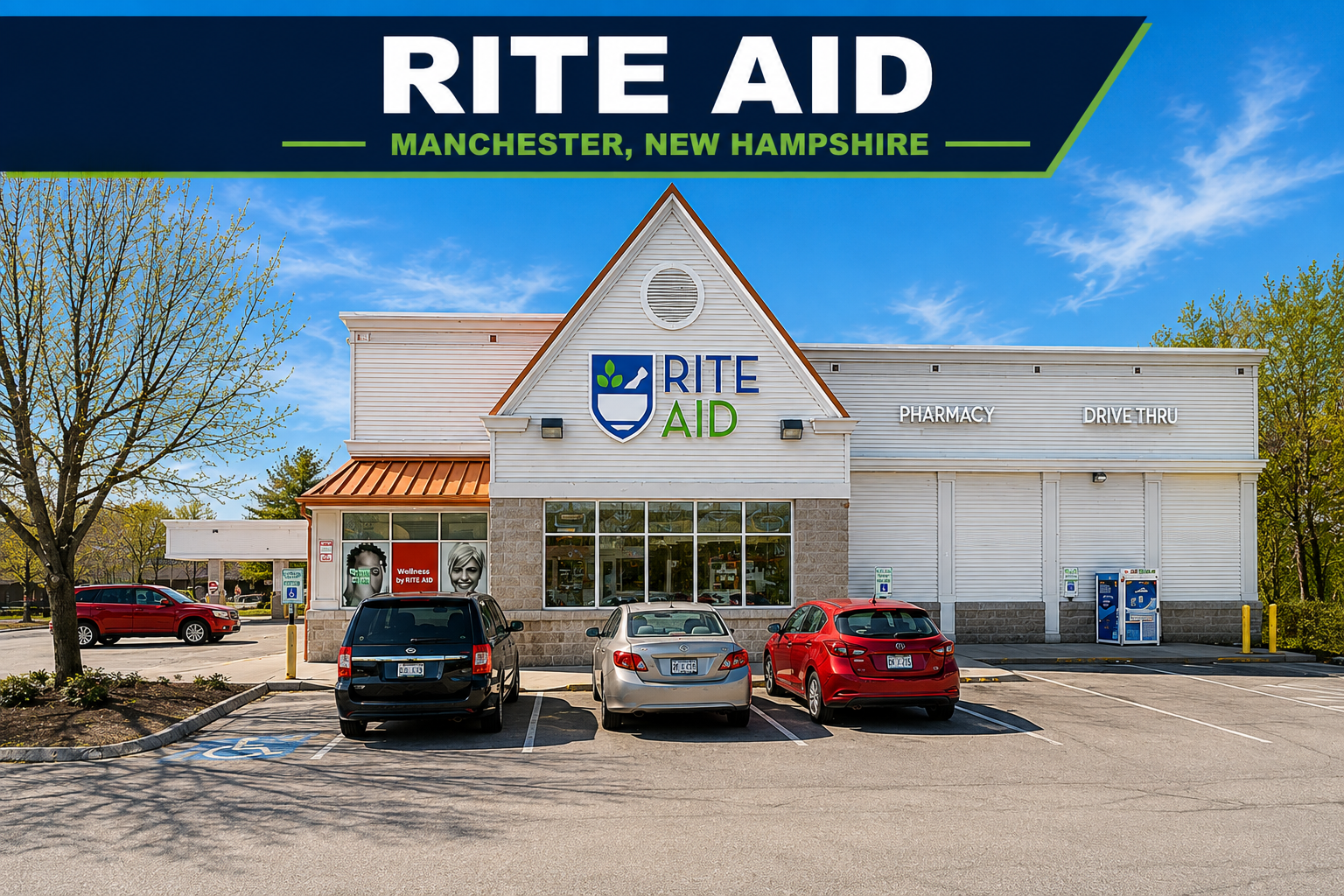 Front view of a Rite Aid pharmacy store in Manchester, New Hampshire, with a parking lot including three cars in front, a handicap parking space, and a blue sky with few clouds.