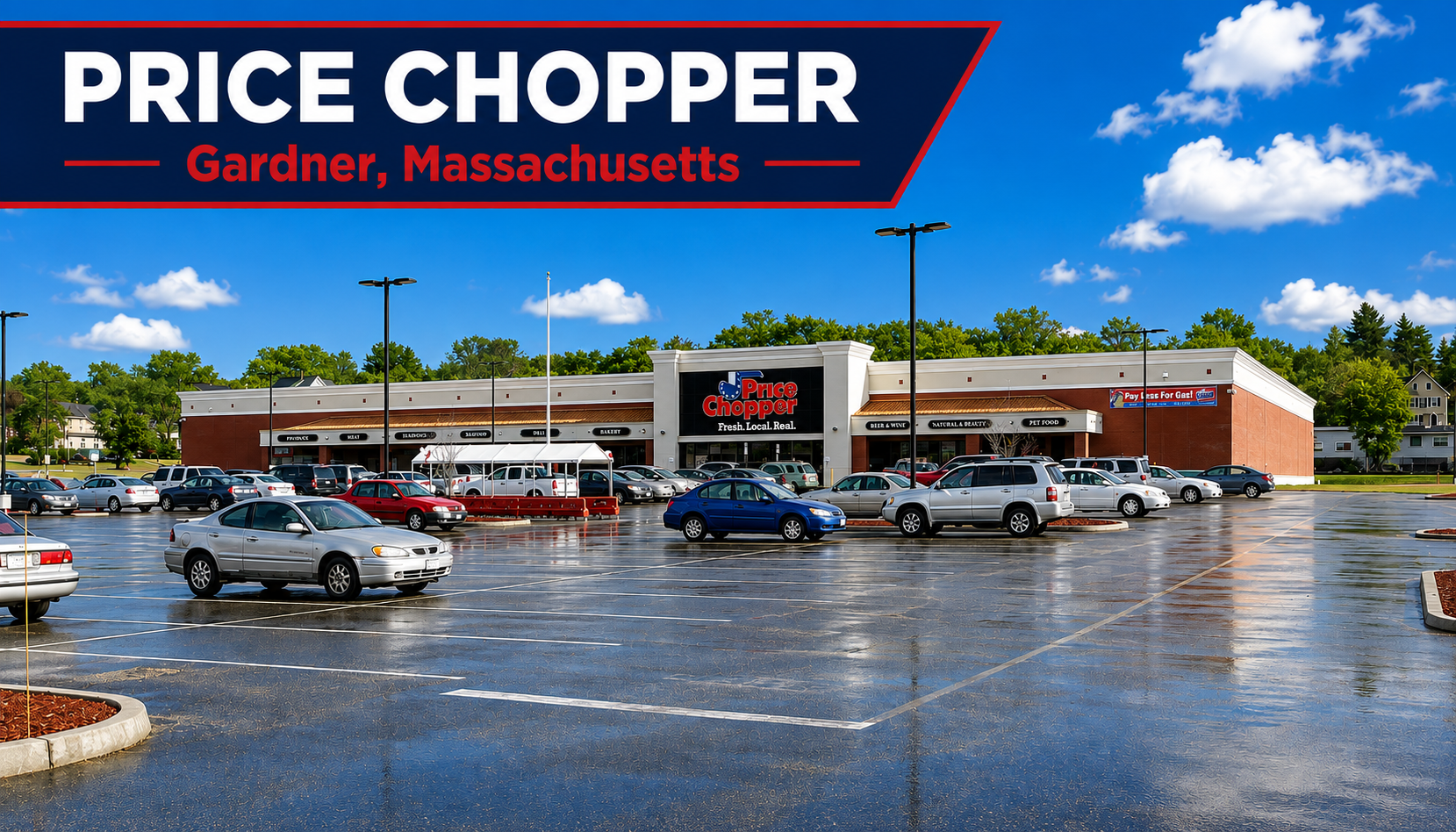 Parking lot with a Price Chopper supermarket in Gardner, Massachusetts, on a clear, wet day with puddles, cars parked along the building, and blue sky with clouds.