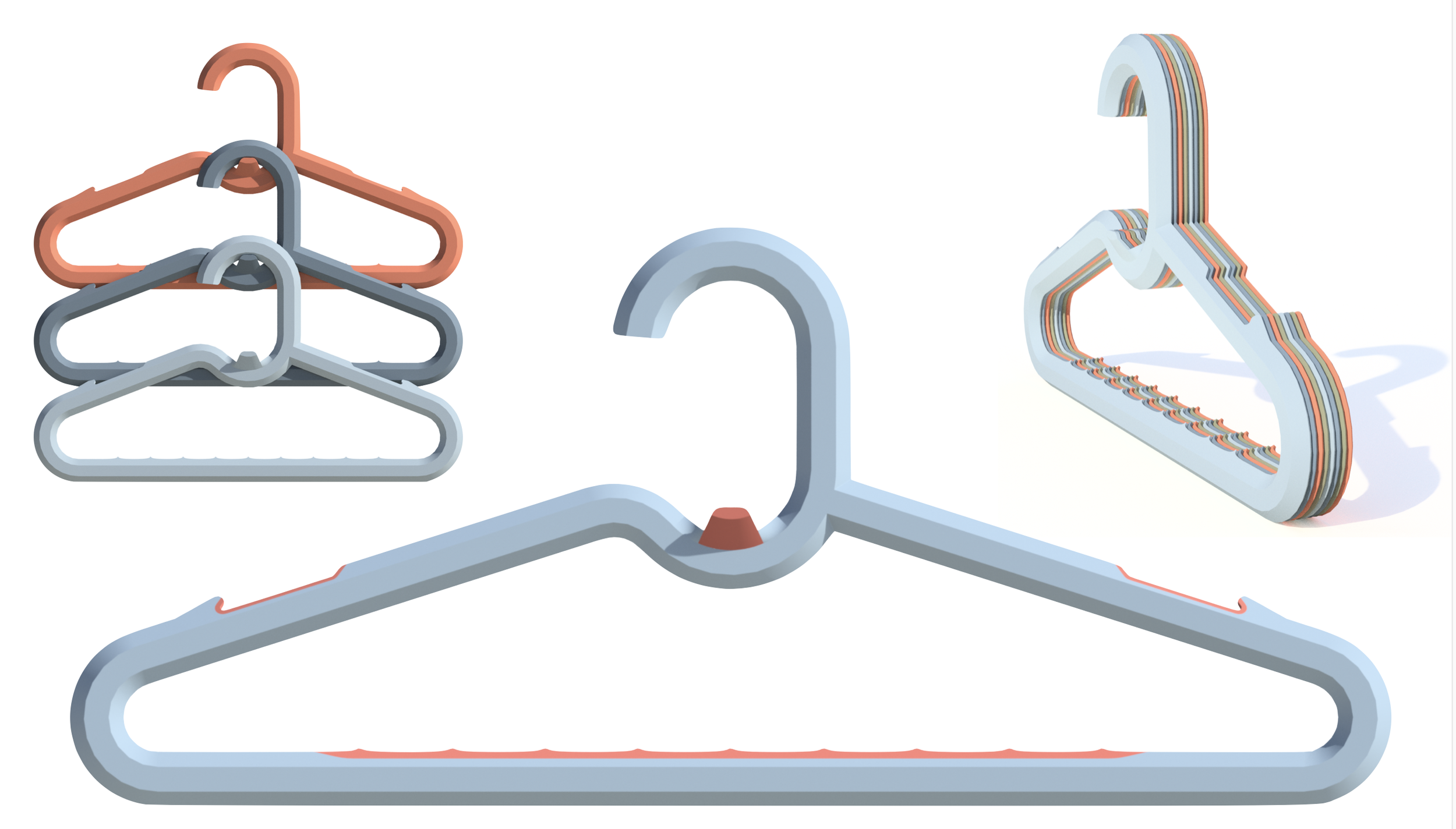 Supply chain and retail efficient hangers. Colorful plastic hangers, including a blue and white one in front, a small pink one in back, and a white one with rainbow stripes on the right, all on a white background.