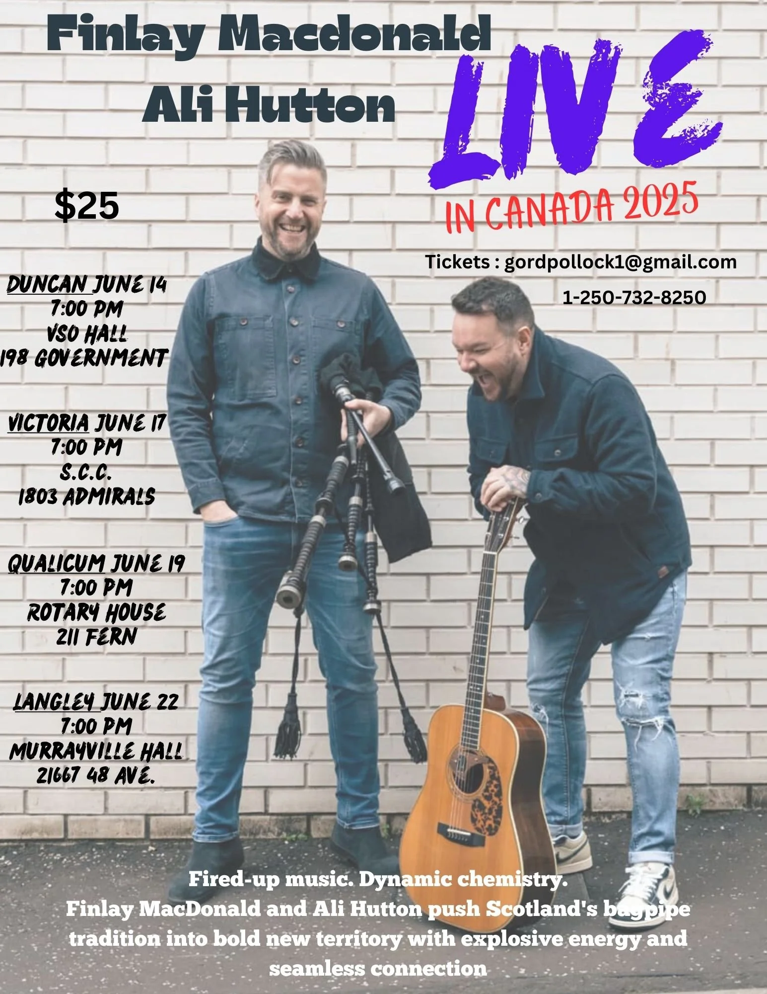 **Finlay Macdonald &amp; Ali Hutton Live in Concert**

Join Finlay Macdonald and Ali Hutton for an unforgettable evening of music this June. They'll be performing live in Langley on June 22, the day after they&rsquo;ll be judging and performing at th