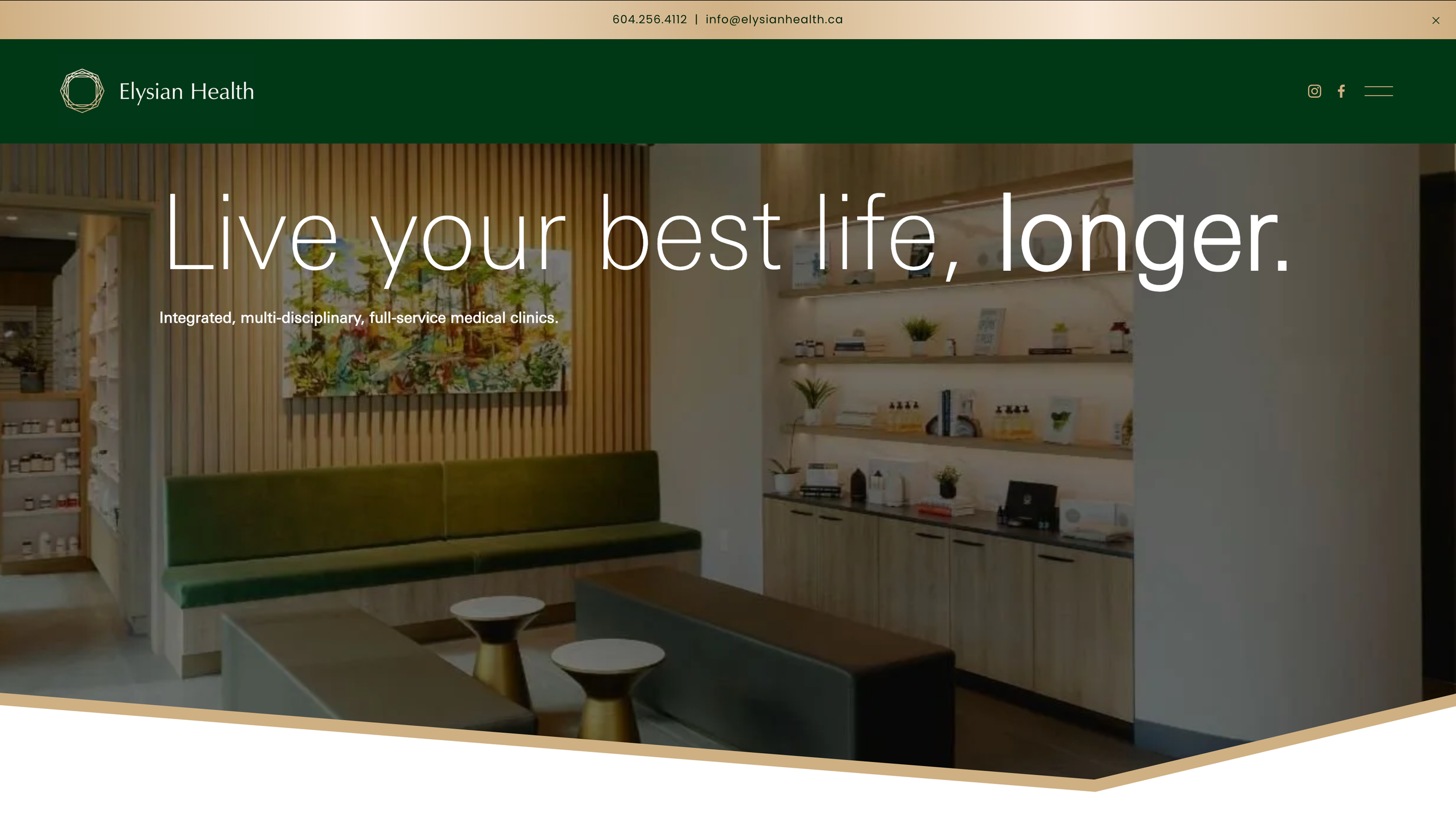 Homepage of Elysian Health with a welcoming reception area, green and wooden accents, and the tagline 'Live your best life, longer.'
