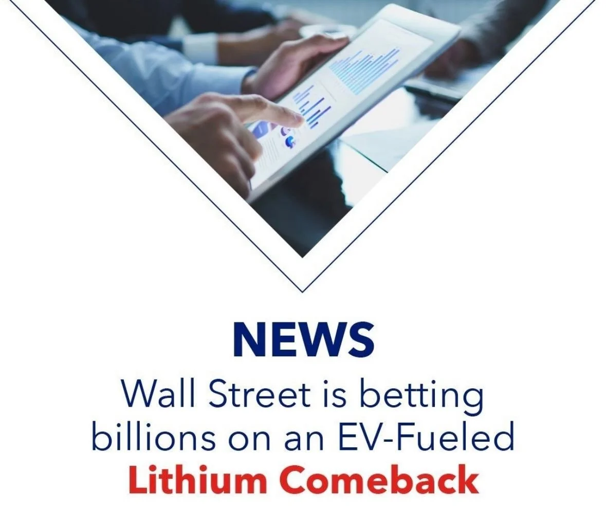 A person pointing at a digital tablet displaying charts and graphs, with another person nearby. The image is above a news headline that says: 'Wall Street is betting billions on an EV-Fueled Lithium Comeback'.