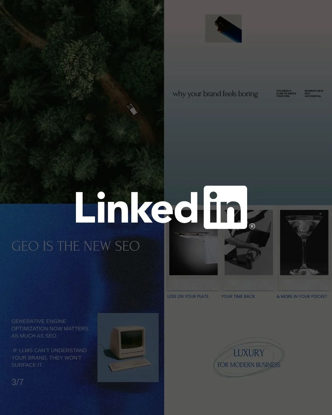A collage combining aerial view of a forest, a close-up of a computer, and various business and lifestyle images with LinkedIn branding.