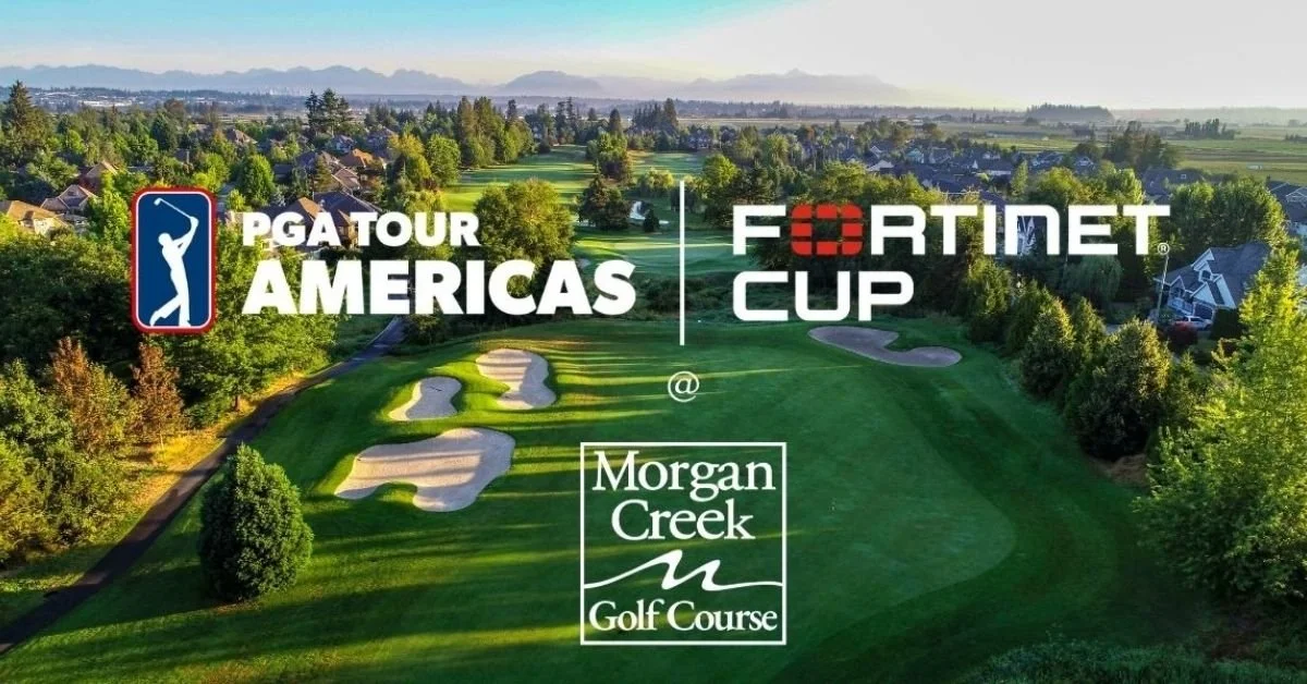 Aerial view of a golf course with several sand bunkers, green fairways, trees, houses, and mountains in the distance. Overlay text promotes the PGA Tour Americas Fortinet Cup at Morgan Creek Golf Course.