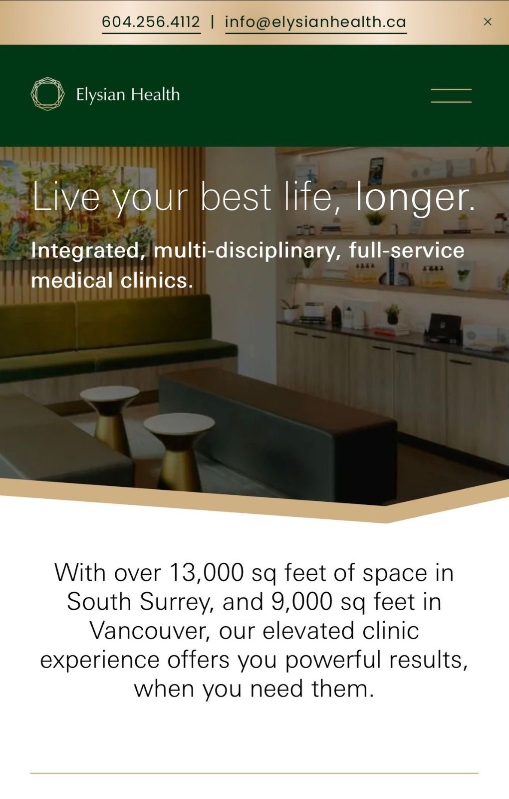 Screenshot of Elysians Health website showing a waiting area with seating, wooden wall decor, and shelves with small plants and items. Text overlays highlight contact info, a slogan about living your best life longer, and details about their clinics 