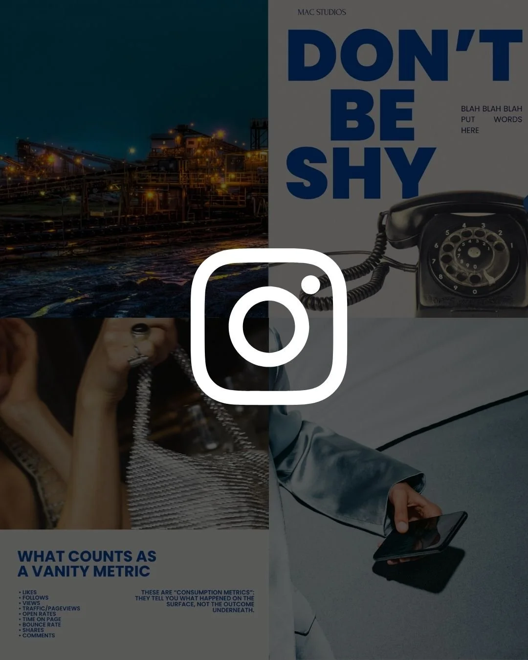 A collage of four images, including an industrial factory at night, a book cover titled 'Don't Be Shy', a woman holding a necklace, and a person using a smartphone.