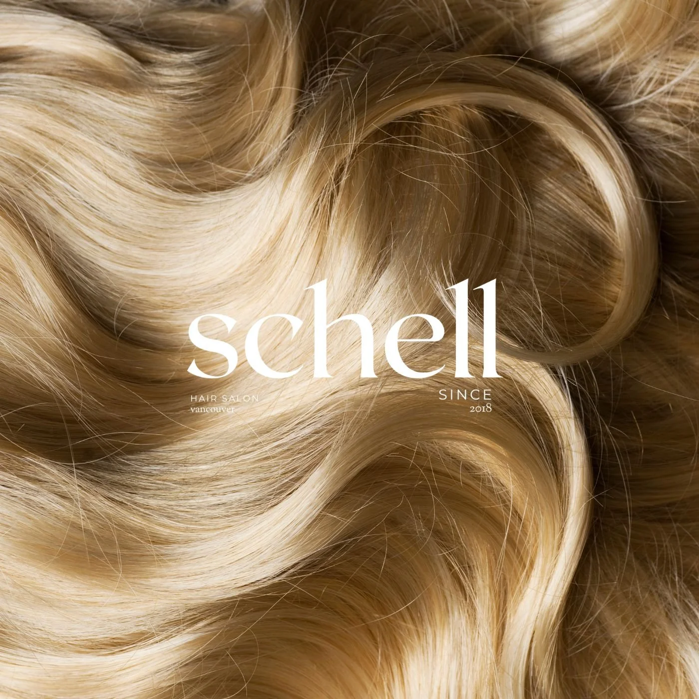 Close-up image of blonde wavy hair with text overlay 'schel since 2018' for a hair salon advertisement.