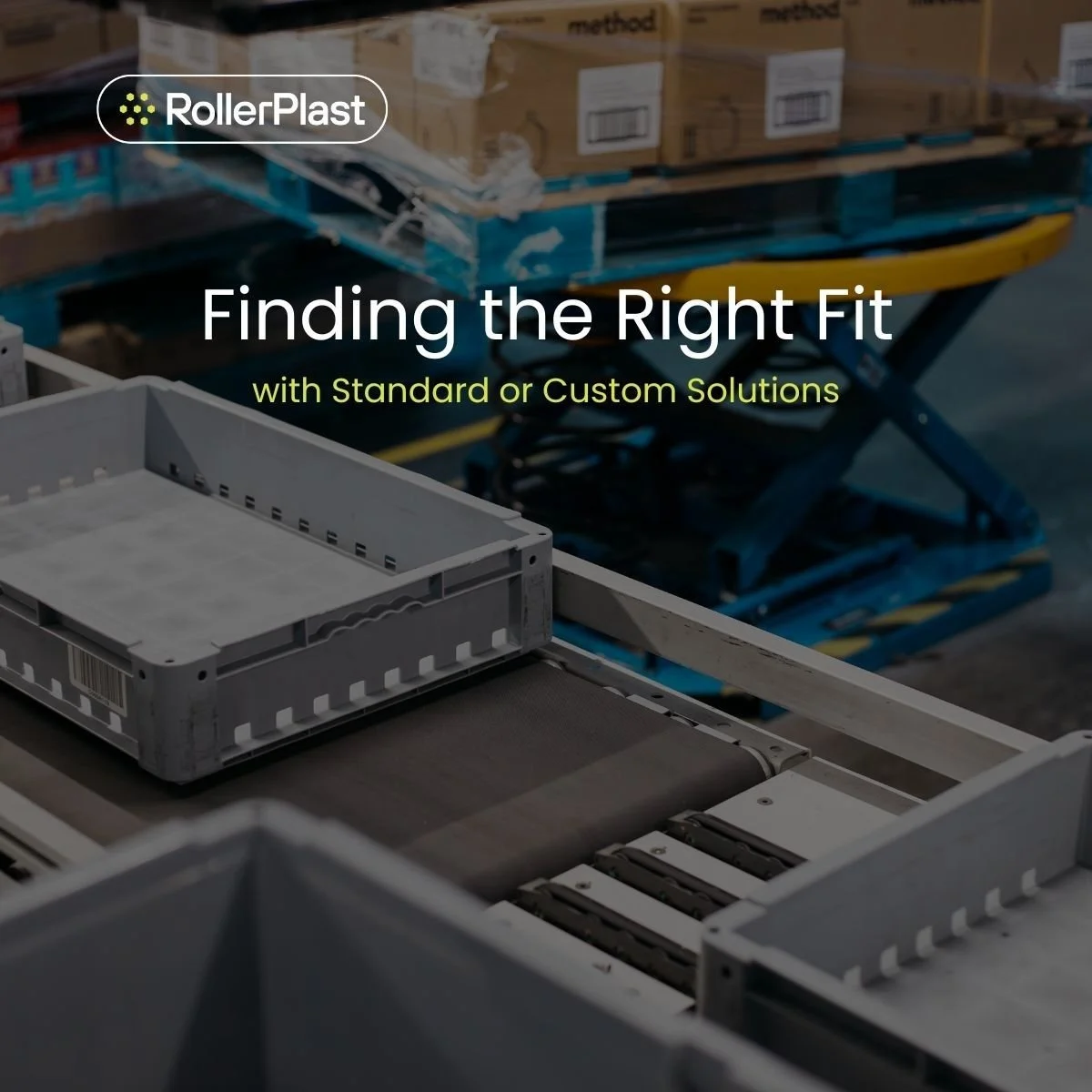 A conveyor belt in a warehouse with a stack of plastic crates and cardboard boxes on pallets. The overlay text reads "Finding the Right Fit with Standard or Custom Solutions" and the company logo 'RollerPlast' at the top left.