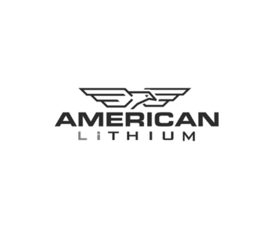 Black and white logo for American Lithium featuring stylized wings and an eagle