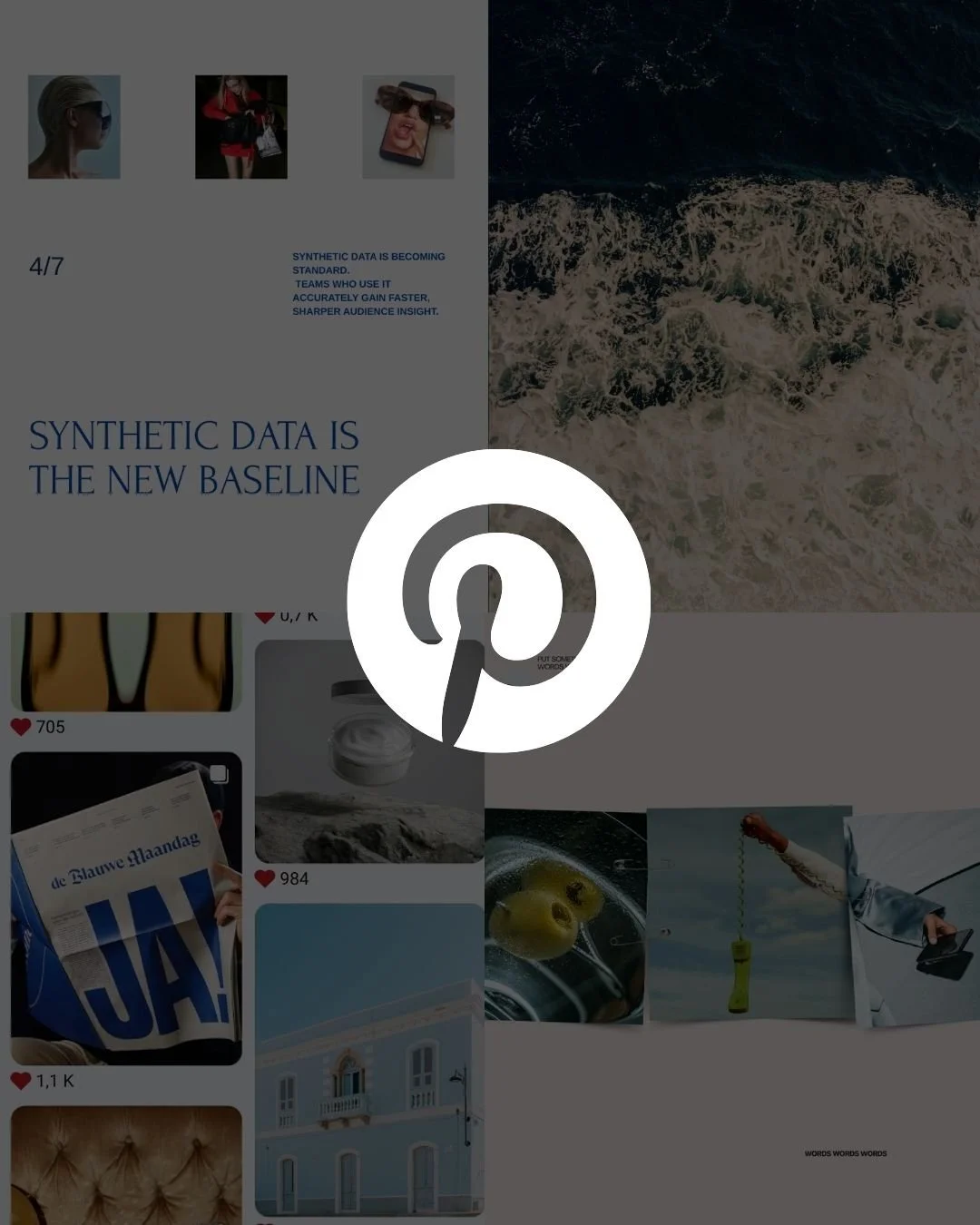 A collage of images including ocean waves, a person studying, a white building, a yellow apple in water, a person holding a newspaper, and various objects, with a central overlay of a white play button icon. The collage appears to be part of a presentation or infographic about synthetic data.