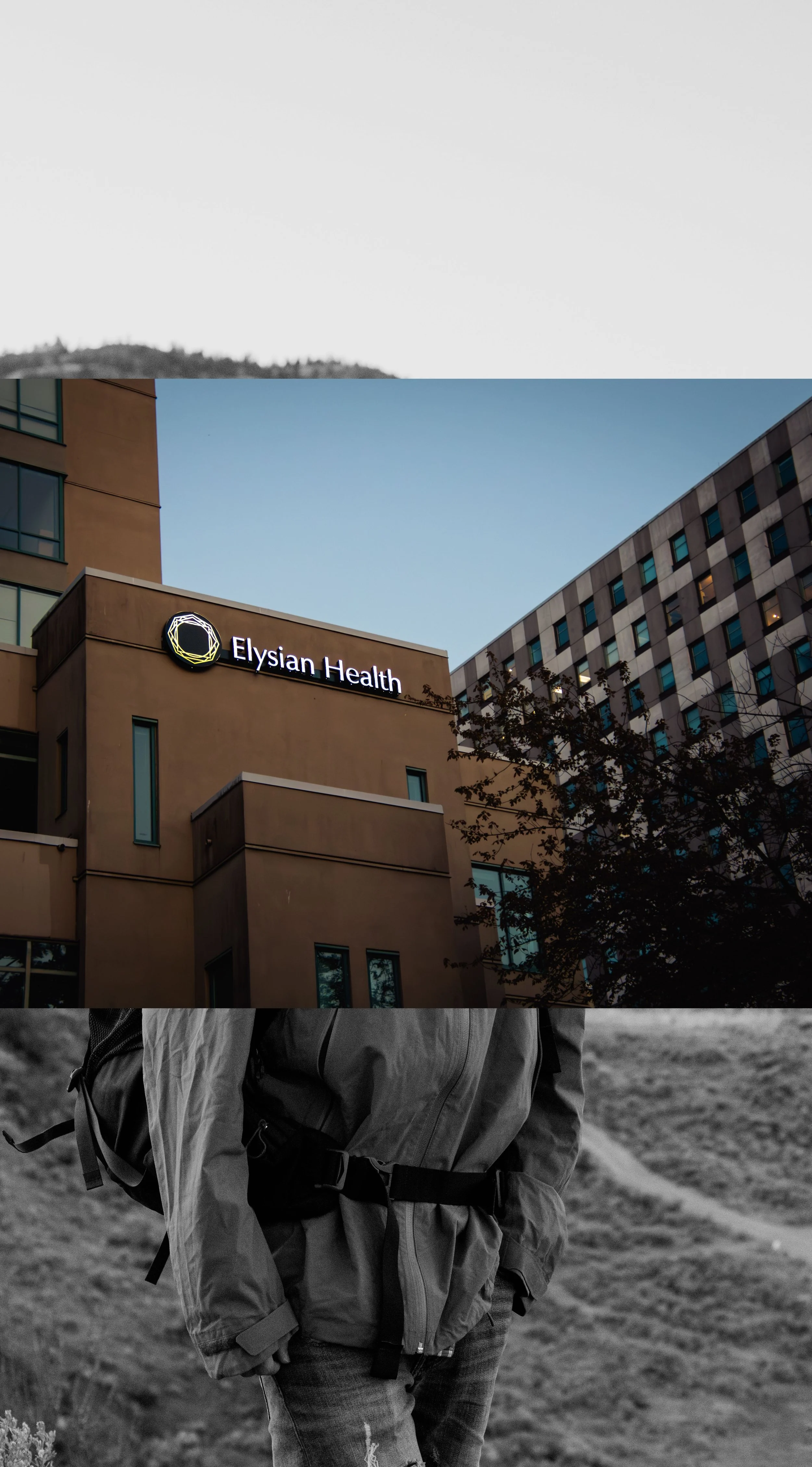 The image is divided into three horizontal sections. The middle section shows a modern hospital building with a sign that reads "Elysian Health" against a blue sky, with some trees nearby. The top and bottom sections are black and white, the top appears to be a cloudy sky, and the bottom shows a person with a backpack standing outdoors in a natural setting.