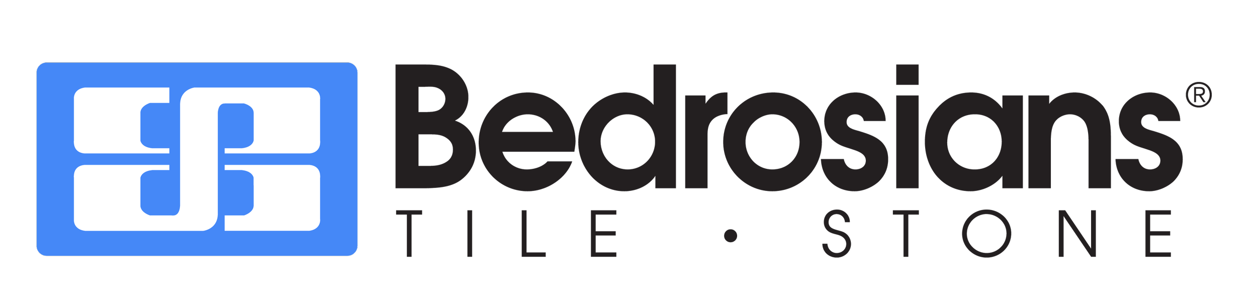 Logo of Bedrosians Tile and Stone, featuring a blue square with three white interconnected tiles and the company name in black text.