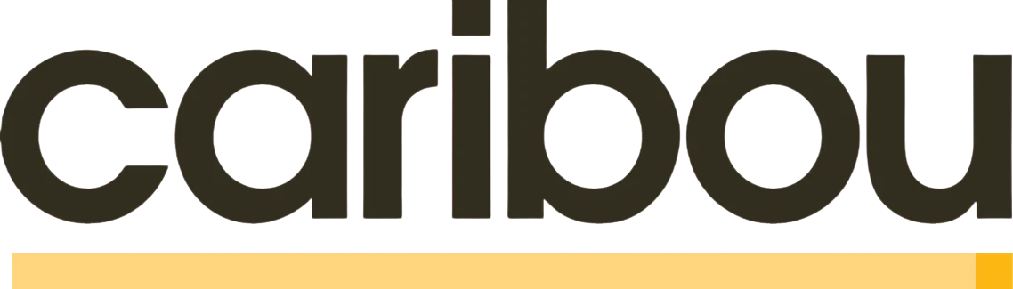 Close-up of the Caribou Coffee logo with black text and a yellow-orange underline.