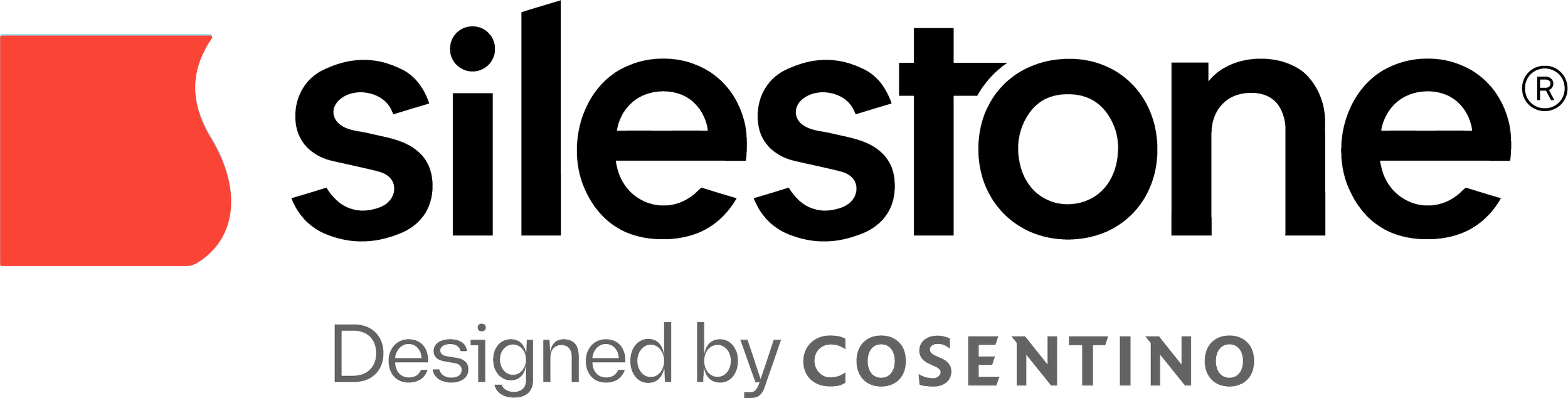 Silestone logo with red geometric design on left, company name in black text, and tagline 'Designed by COSENTINO' in gray.