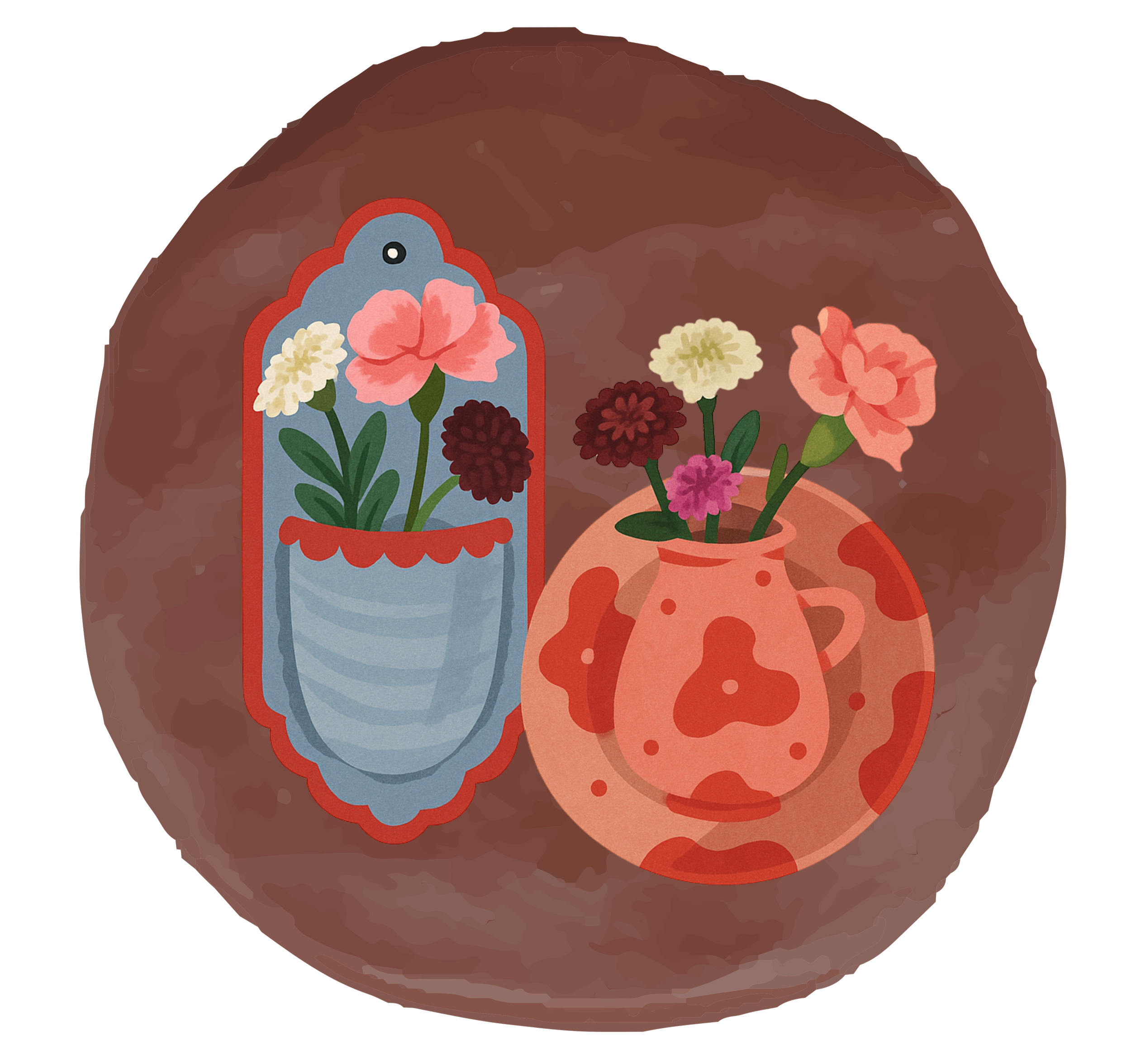 Illustration of a decorative card and a vase with pink, white, purple, and dark red flowers on a brown background.