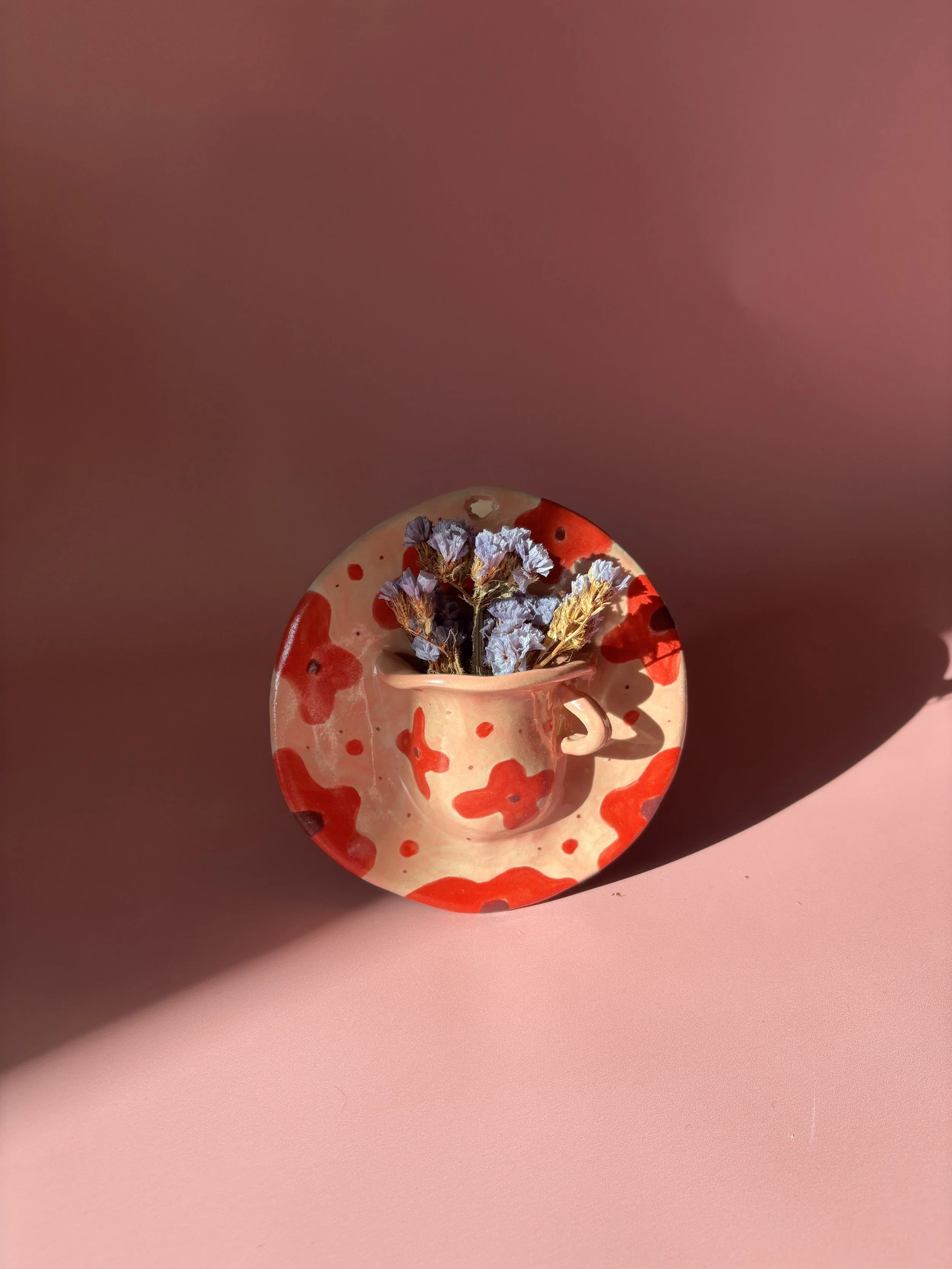 Handmade Ceramic Red and Pink Floral Wall Vase