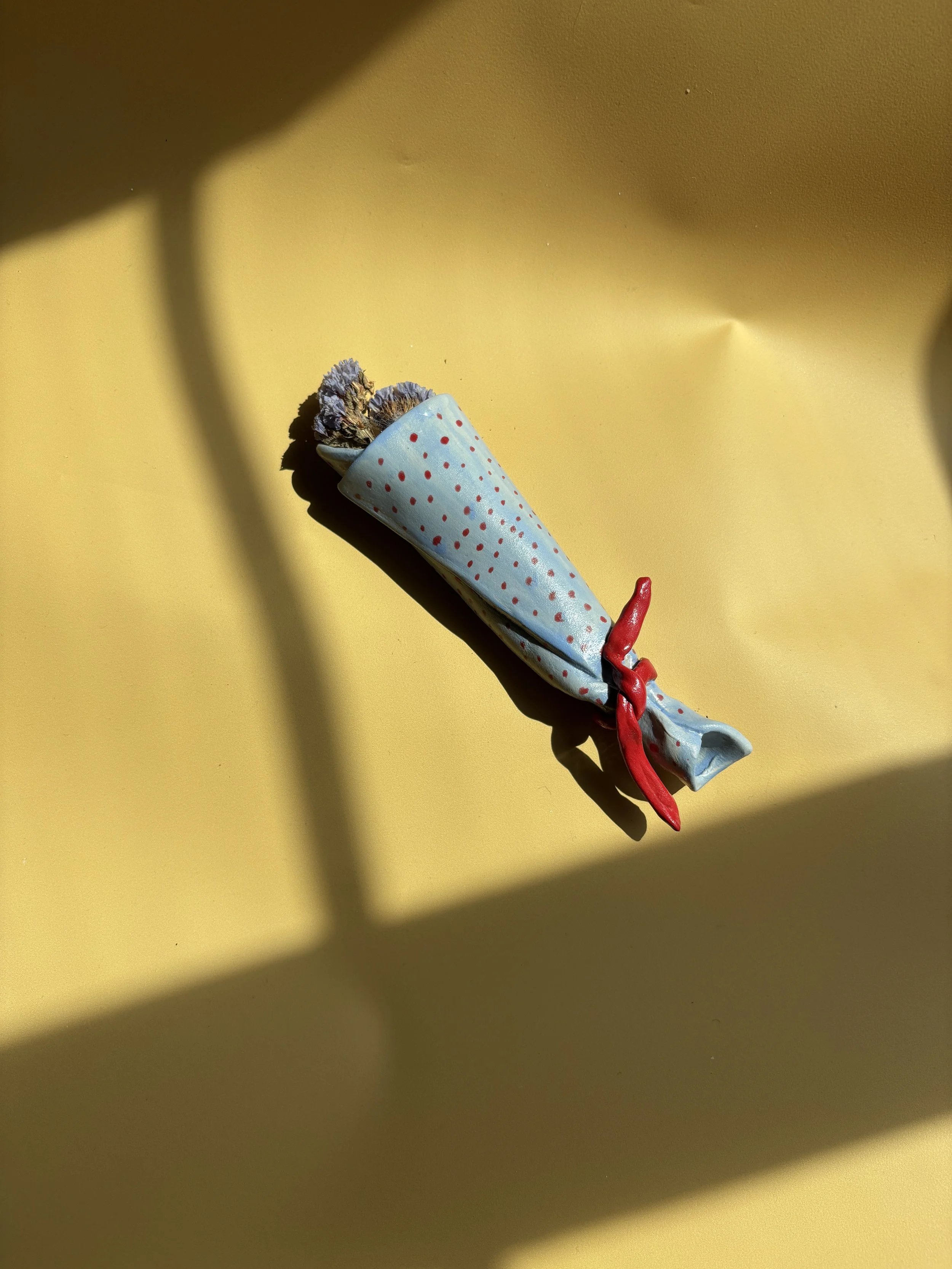 Handmade Ceramic Wall Flower Bouqet Red & Blue Vase