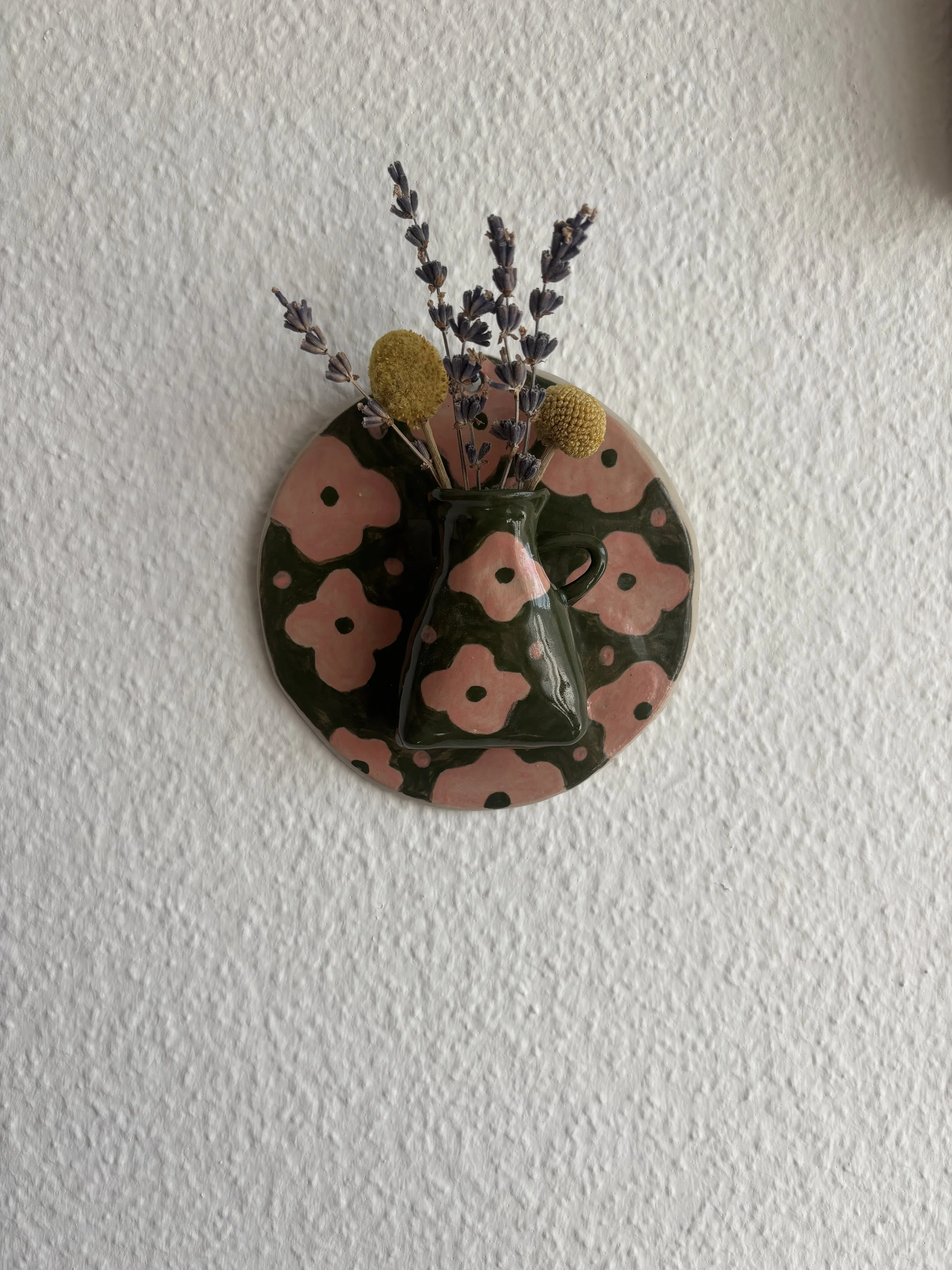 Handmade Ceramic Green & Pink Floral Wall Vase