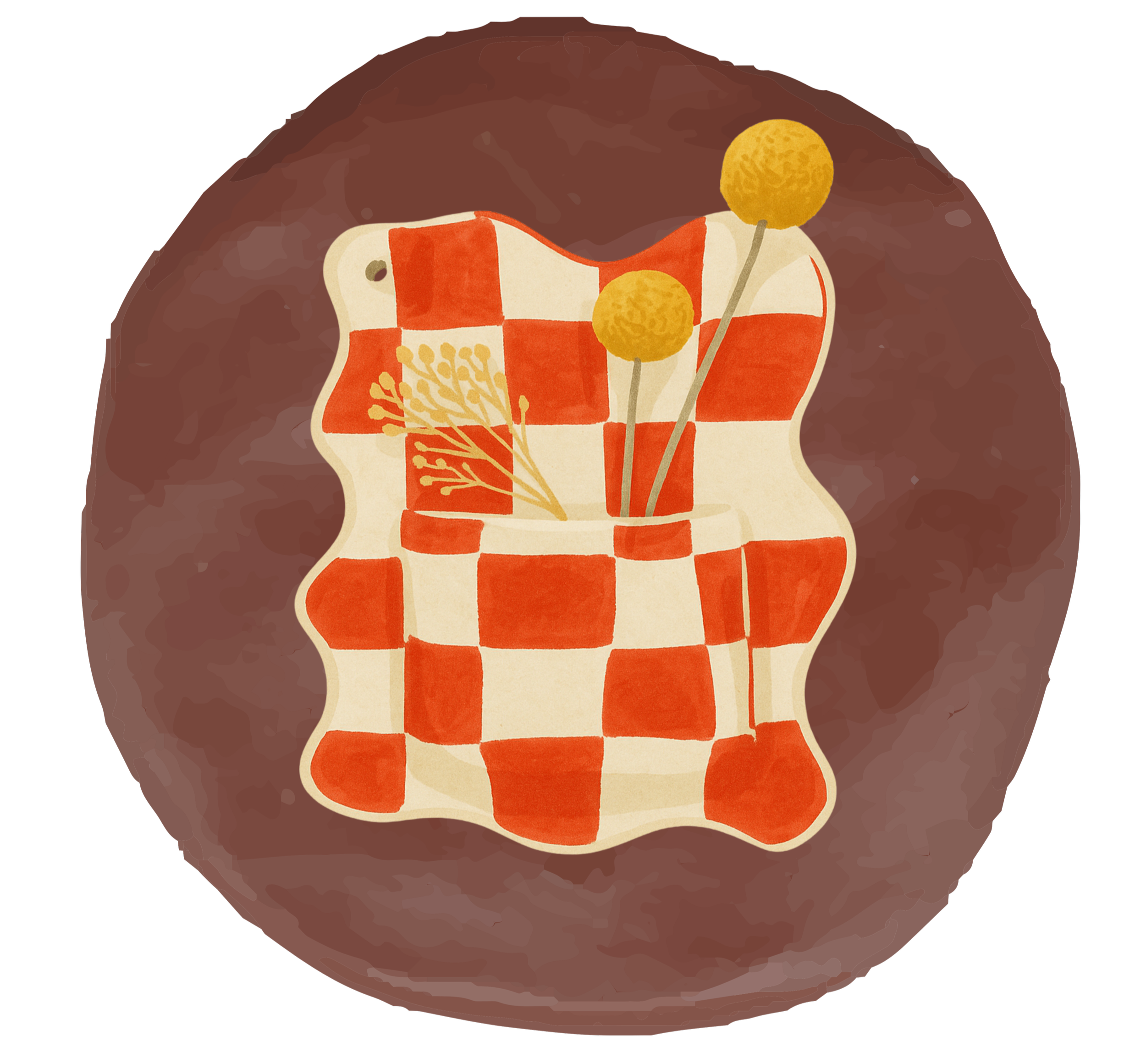 Illustration of a decor with a red and white checkered pattern on top, decorated with yellow puffball candies and a sprig of edible plant, against a dark background.