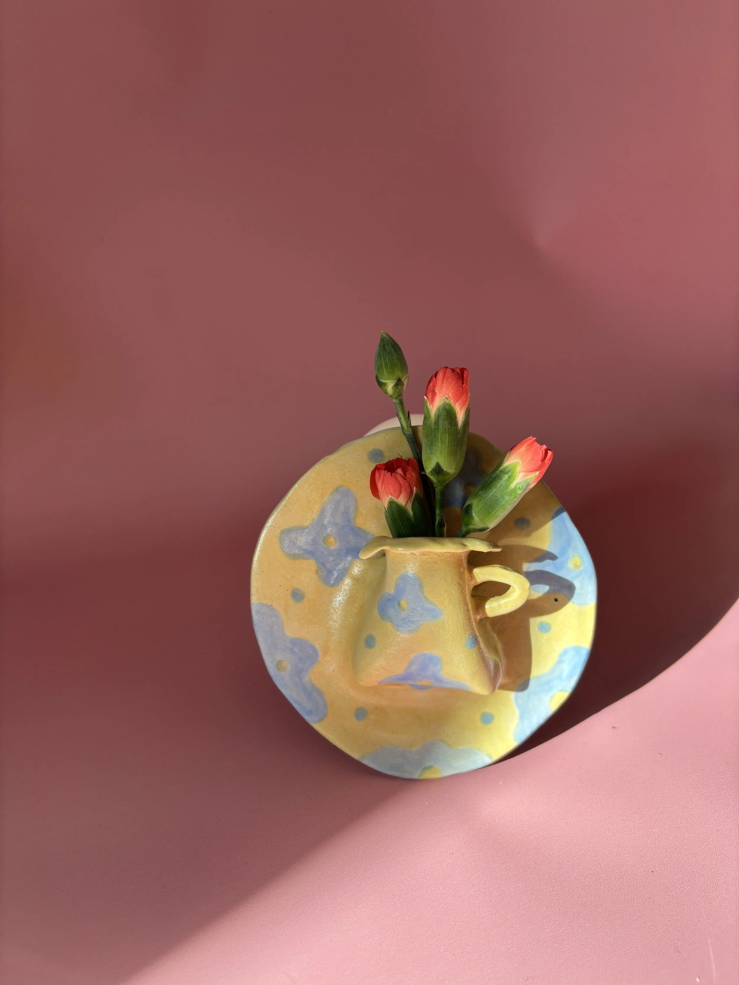 Handmade Ceramic Yellow and Baby Blue Floral Wall Vase