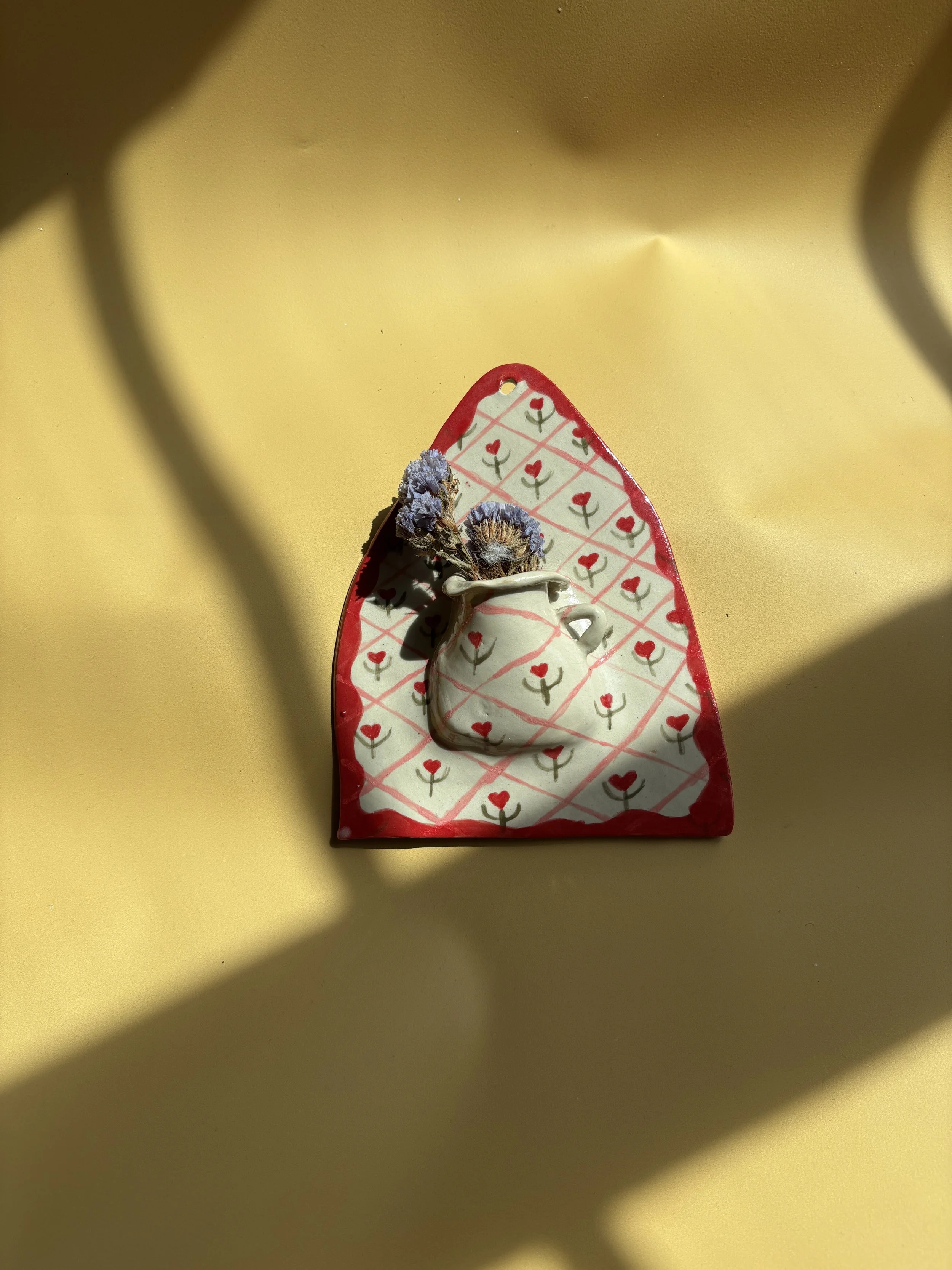Handmade Ceramic Wall Vase: Red Cottage Core Floral Decor