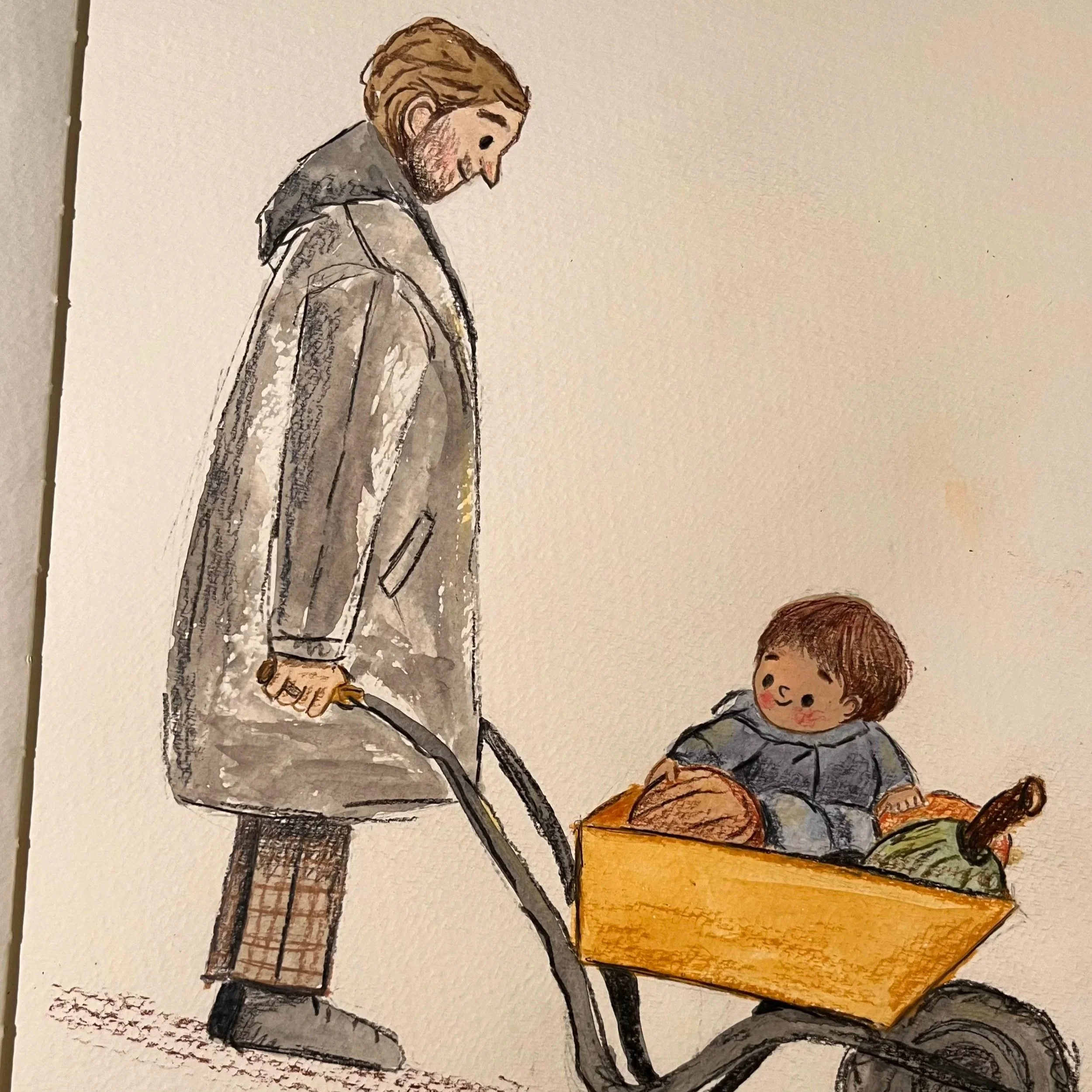 En illustrasjon av en mann som triller en barnevogn med en liten gutt inni, begge smiler.