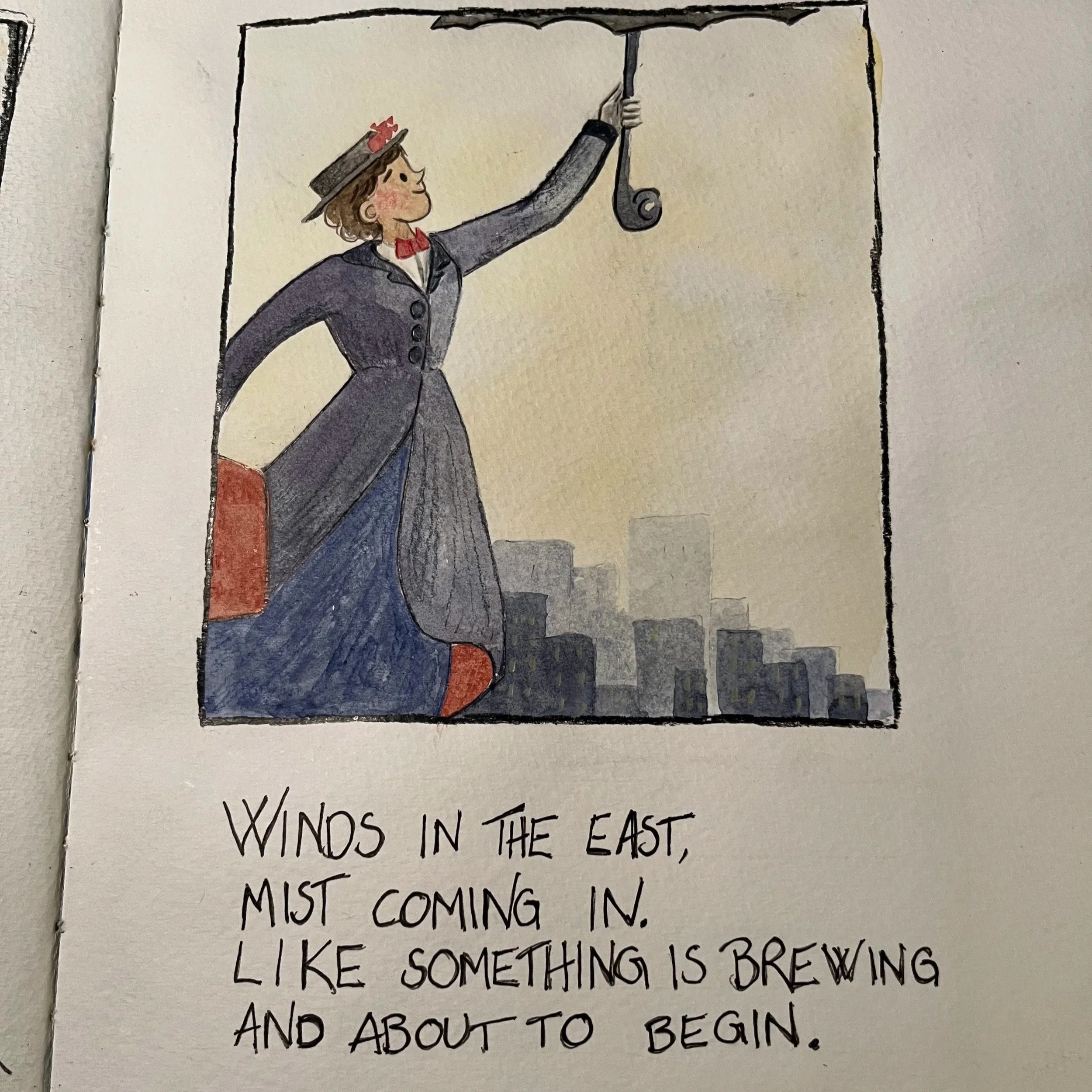 Illustrasjon av en kvinne i gammel tidlig 1900-talls stil, som står på en kraftigstasjon og holder i en hendel, under en tåkete byhimmel.