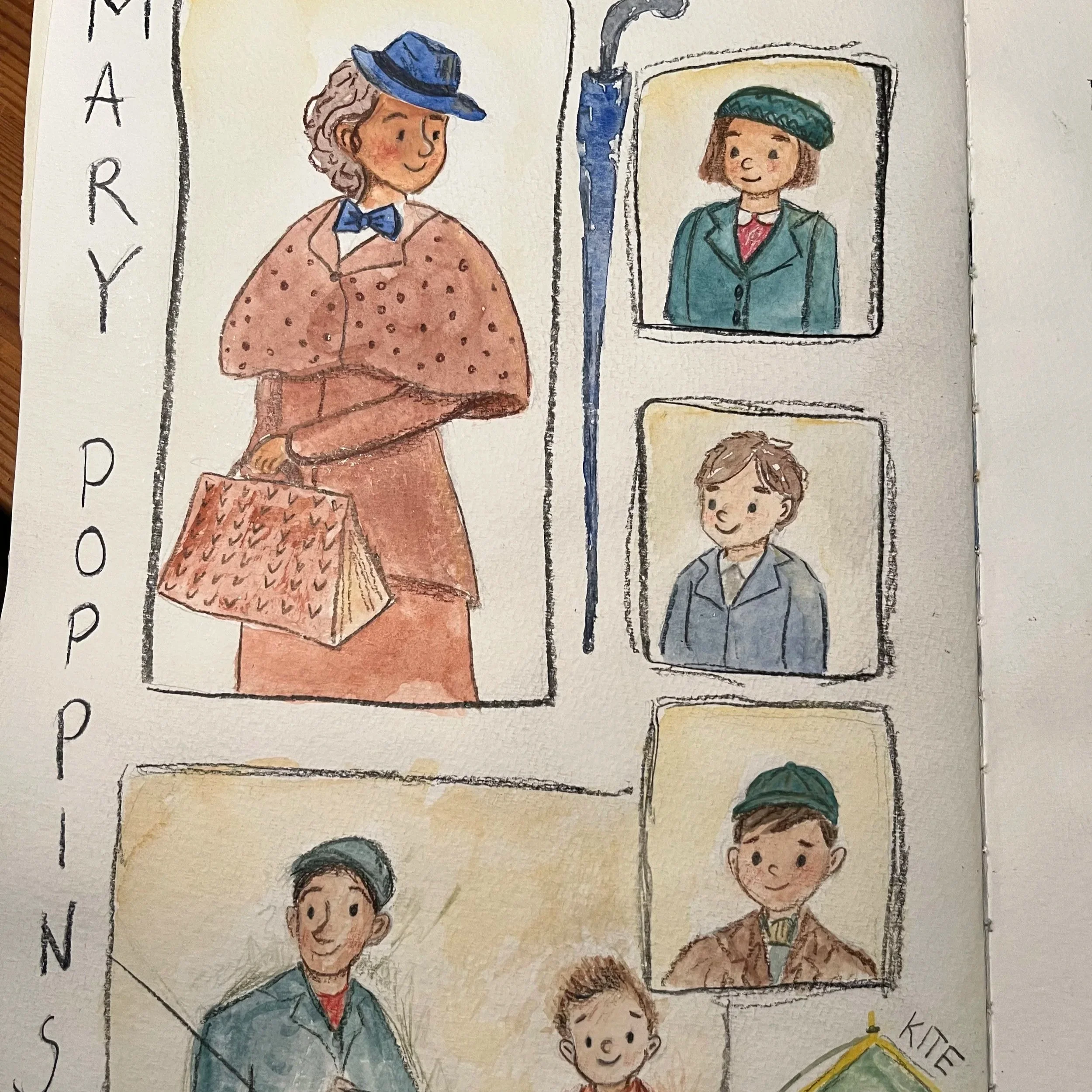 En illustrasjon av en mamma iført en blå hatt og kjole med prikker, som holder en stor veske, omgitt av bilder av barn og voksne, og en firkant med teksten "KITE".