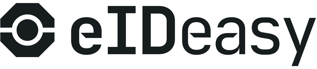 Logo of eIDeasy, featuring a black and gray hexagon with a circular design inside, and the text "eIDeasy" next to it.