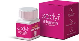 Pink packaging of bottle and box of Addyi FDA approved medication for hypoactive sexual desire disorder in women